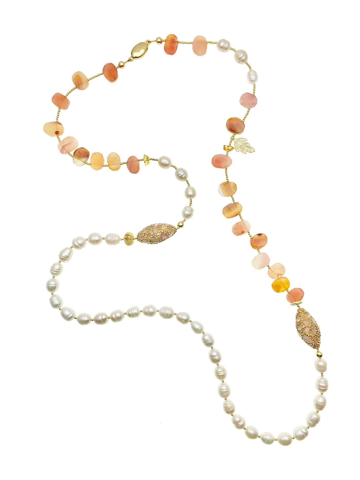 Orange Agate With Freshwater Pearls And Rhinestones Multi-Way Necklace AN002 - FARRA