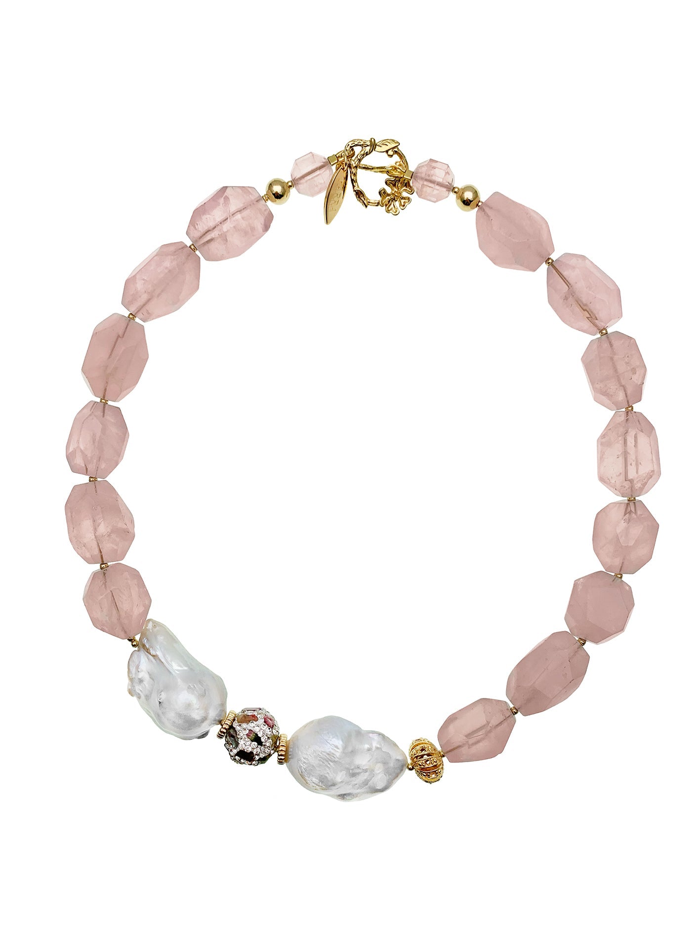 Rose Quartz with Baroque Pearls Statement Necklace EN021 - FARRA
