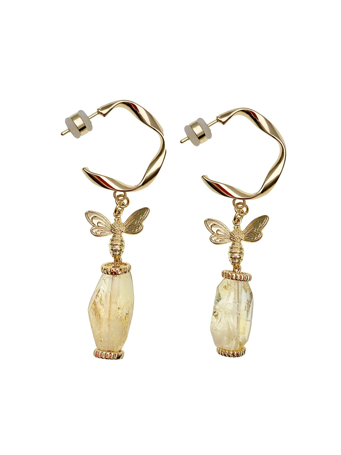 Citrine With Bee Charm Hook Earrings EE044 - FARRA