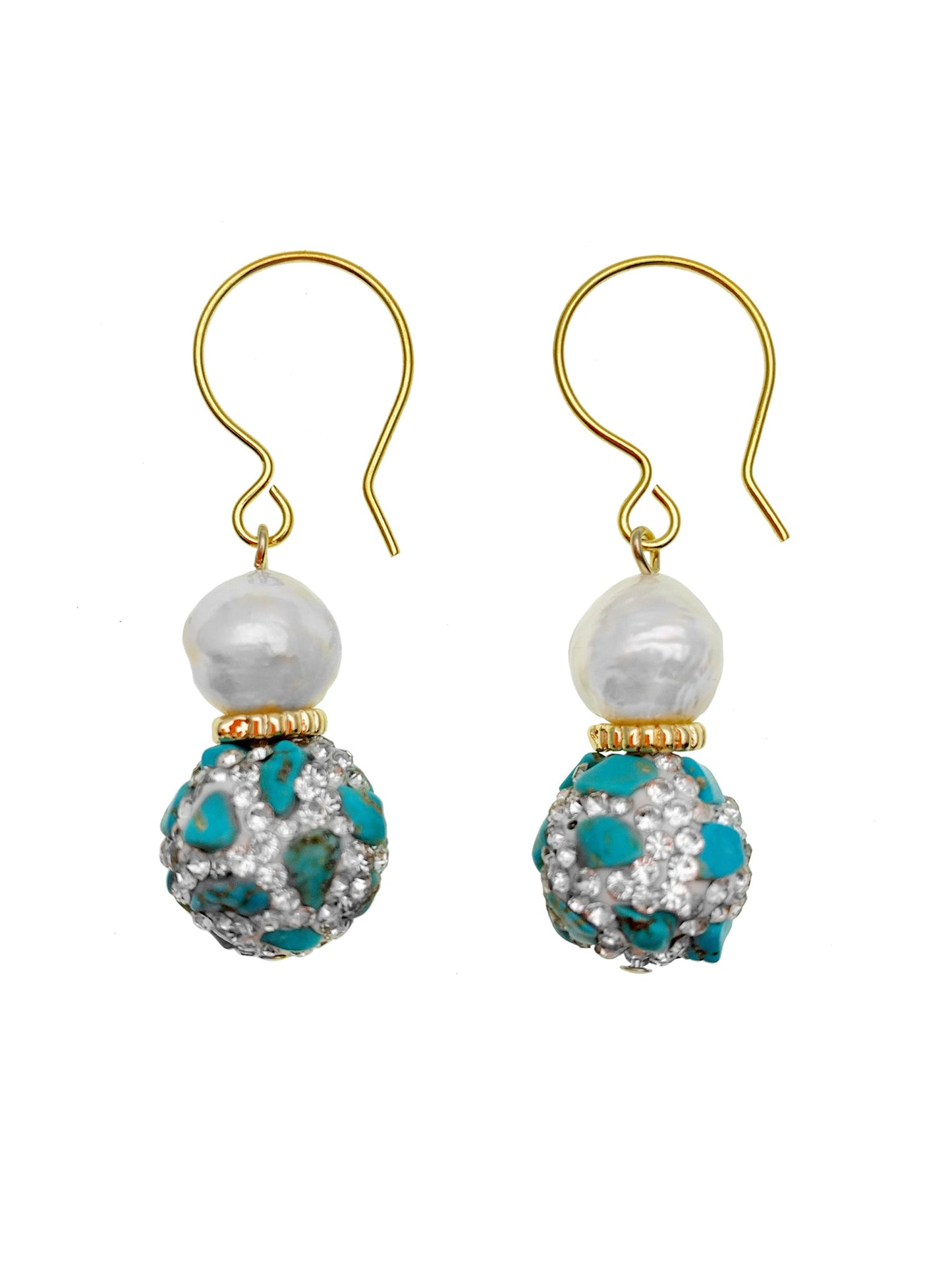 Freshwater Pearls With Rhinestones bordered Turquoise Dangle Earrings EE007 - FARRA