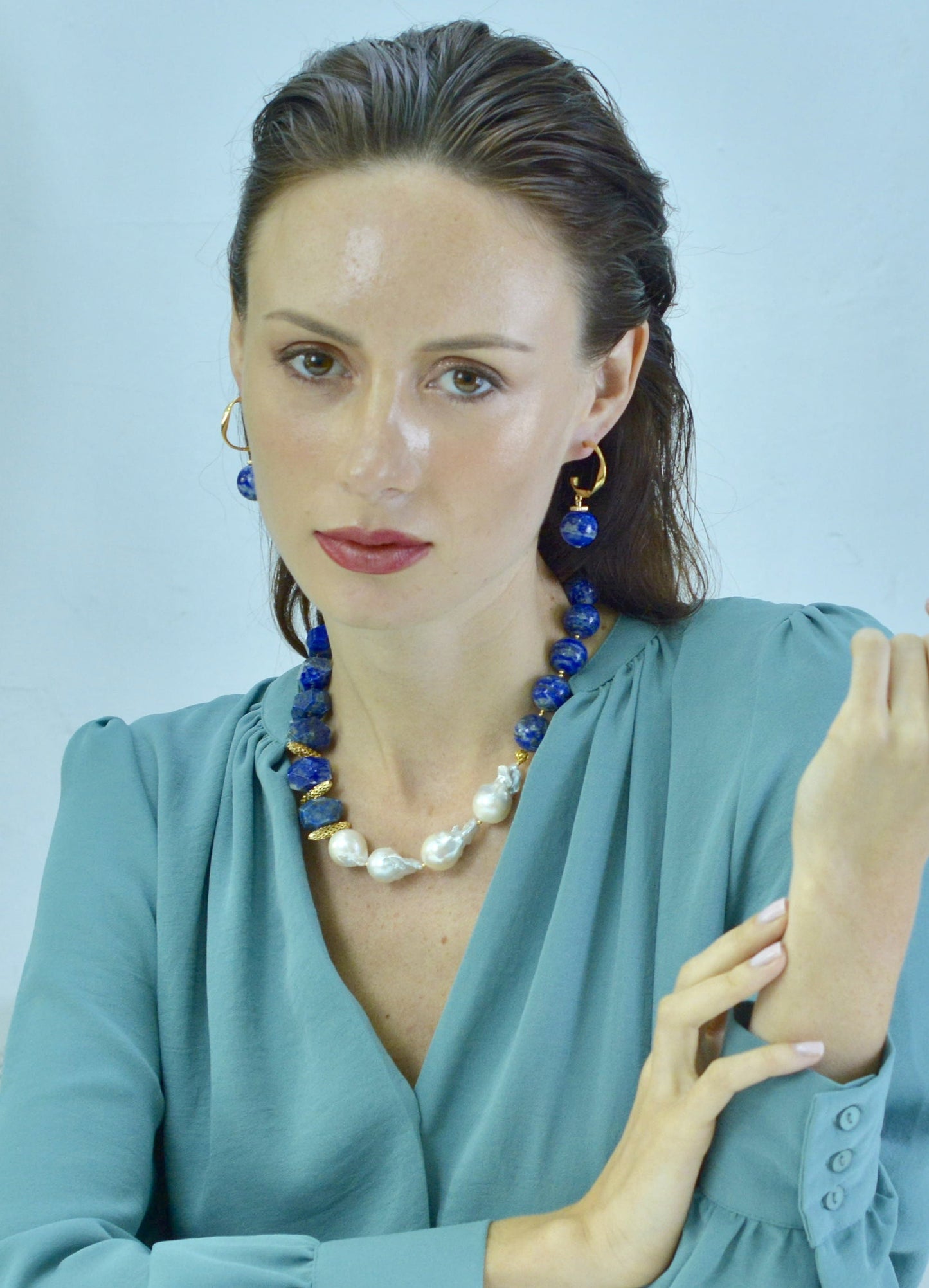 Round Lapis Hook Earrings CE002 - FARRA