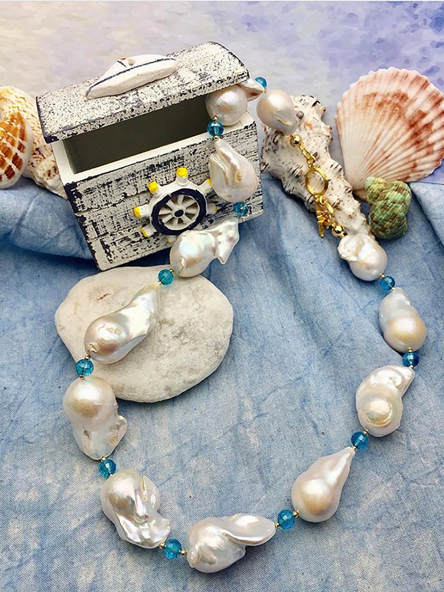 Baroque Pearls with Blue Crystals Necklace DN224 - FARRA