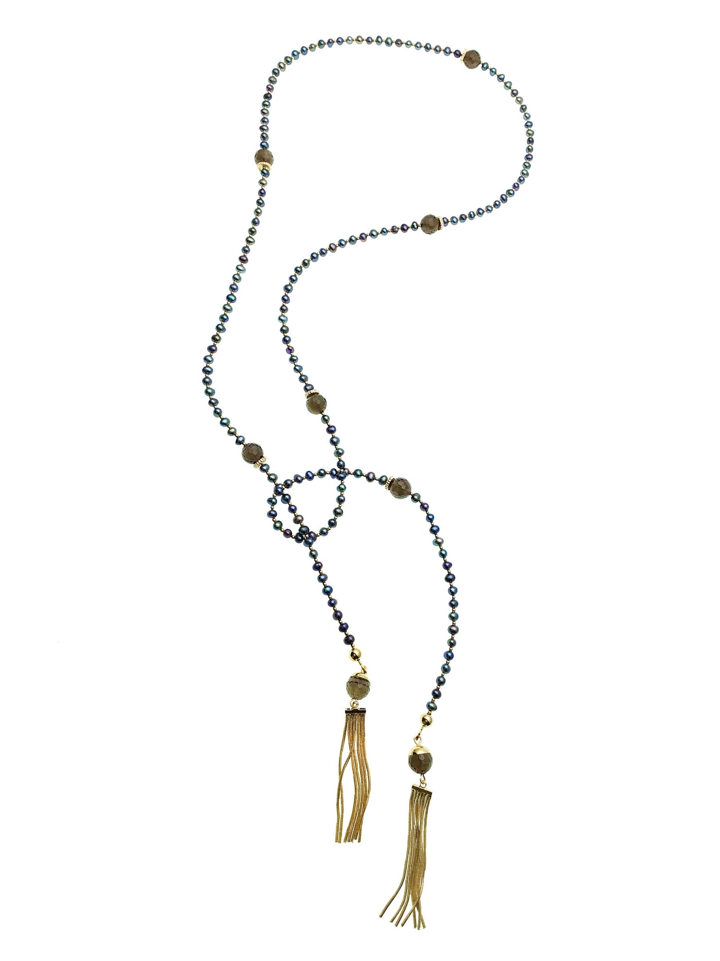 Freshwater pearls with smoky quartz Open Ended Long Necklace CN046 - FARRA