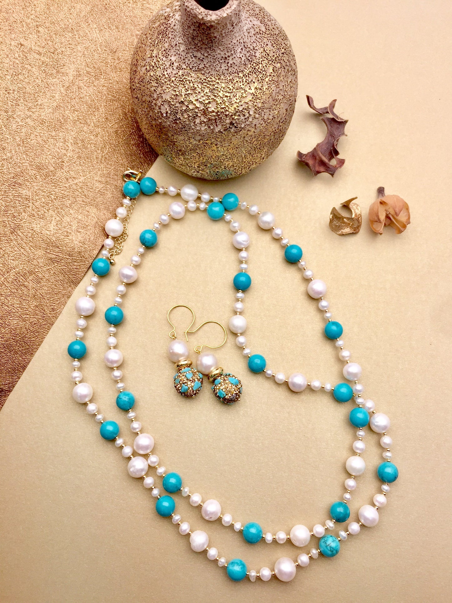 Freshwater Pearls With Turquoise Multi-way Necklace DN215 - FARRA