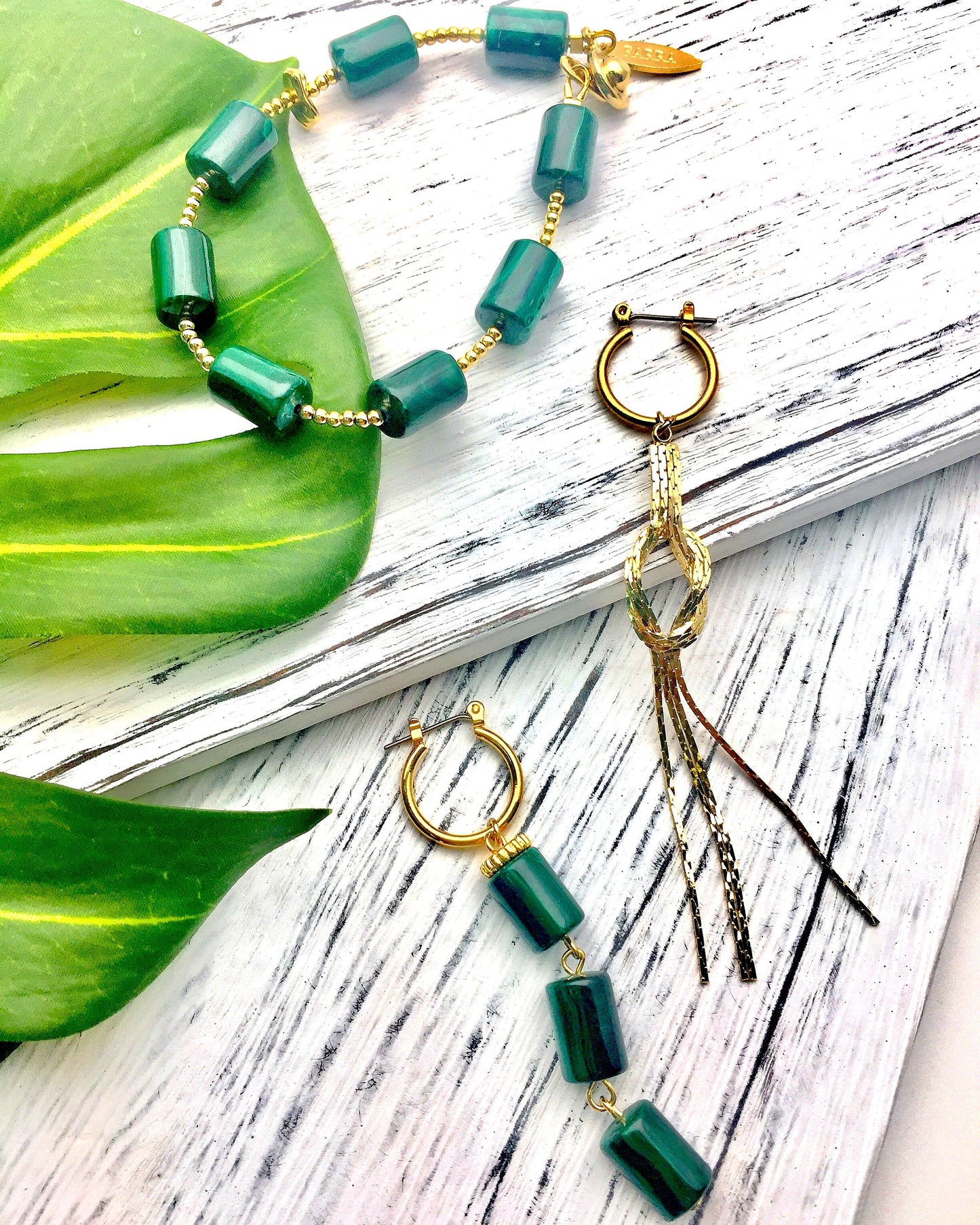 Malachite & Metal Fringe Asymmetrical Earrings CE035 - FARRA