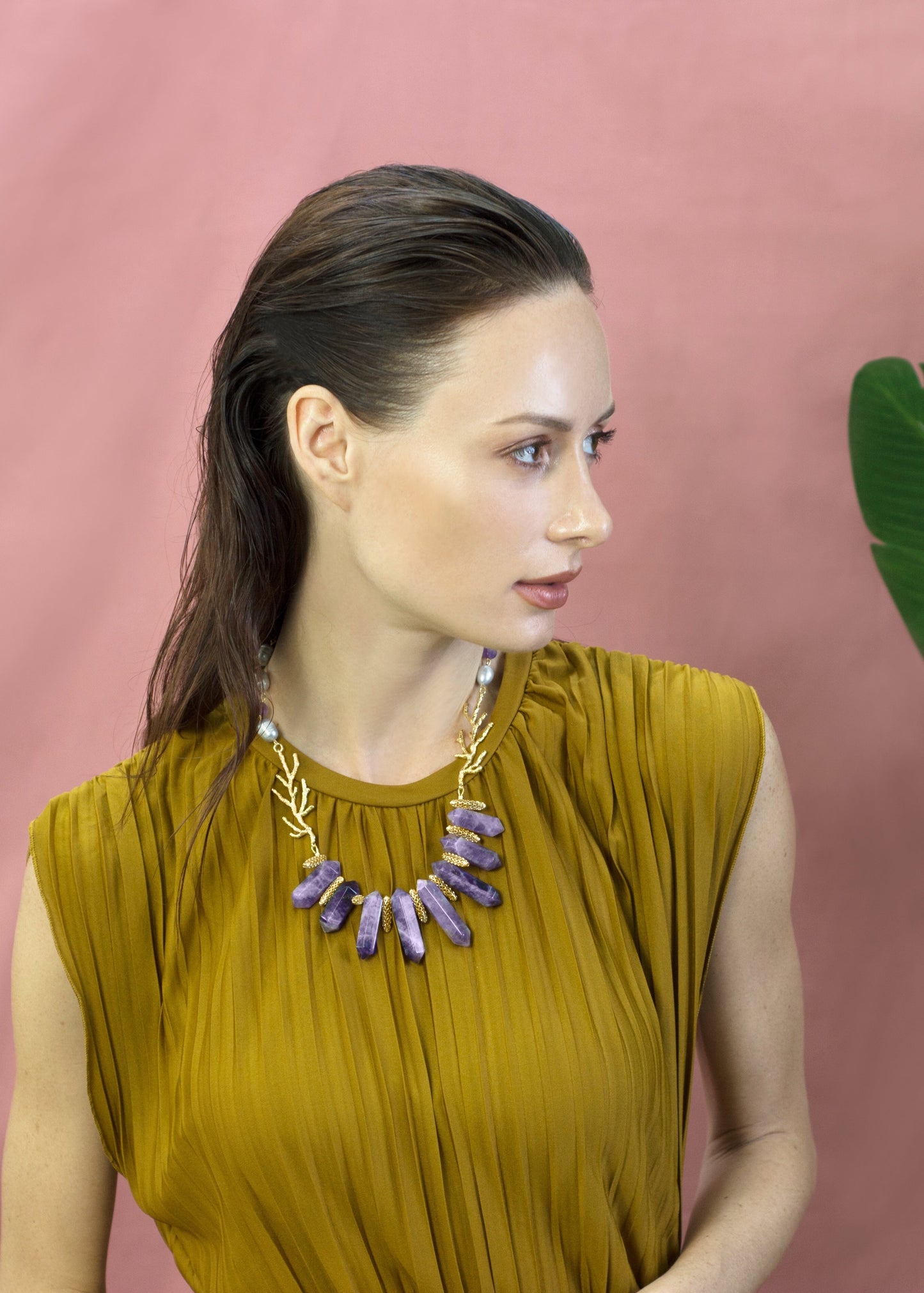 Gray Freshwater Pearls With Amethyst Statement Necklace CN014 - FARRA