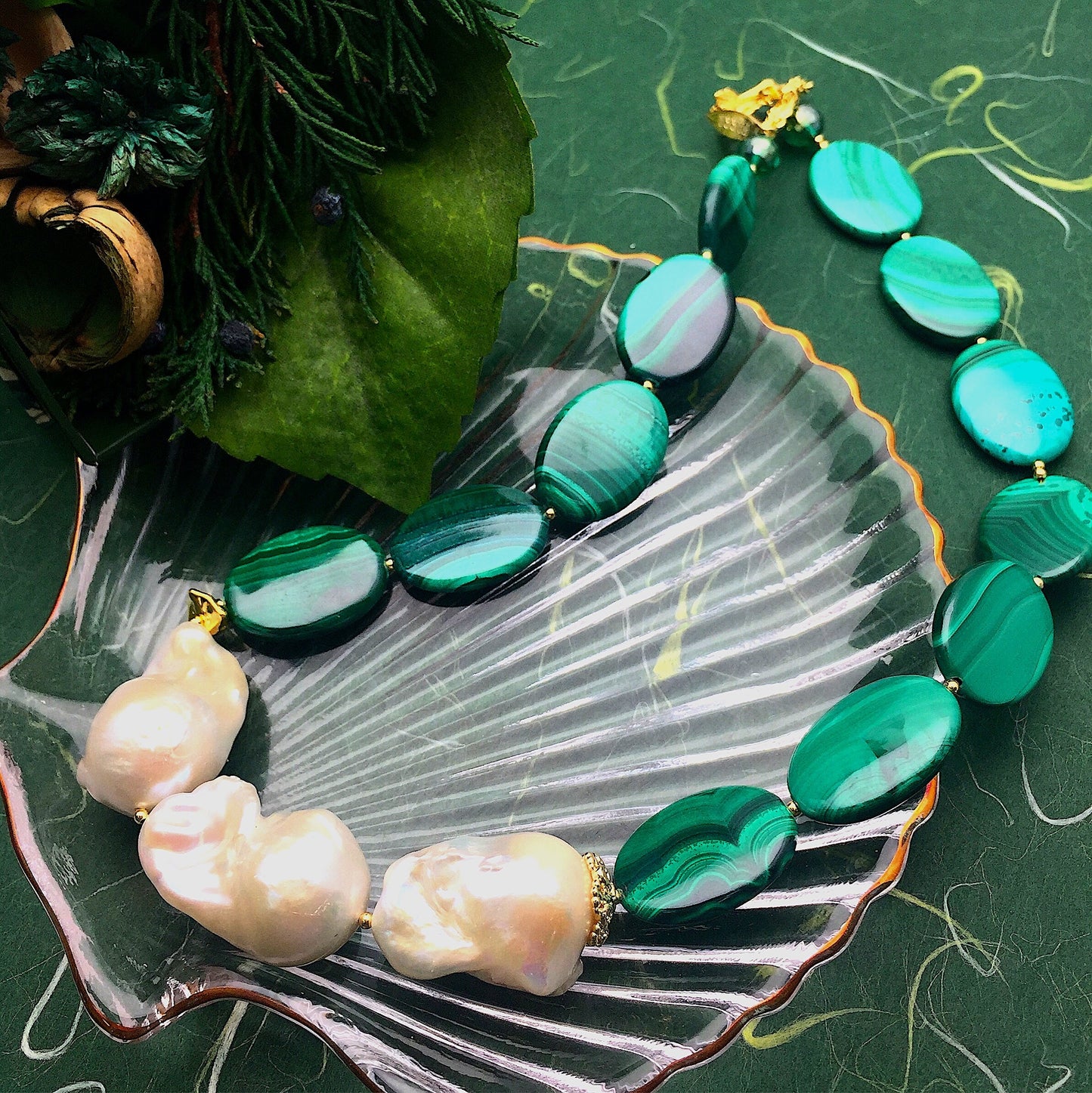 Malachite & Baroque Pearl Necklace CN041 - FARRA