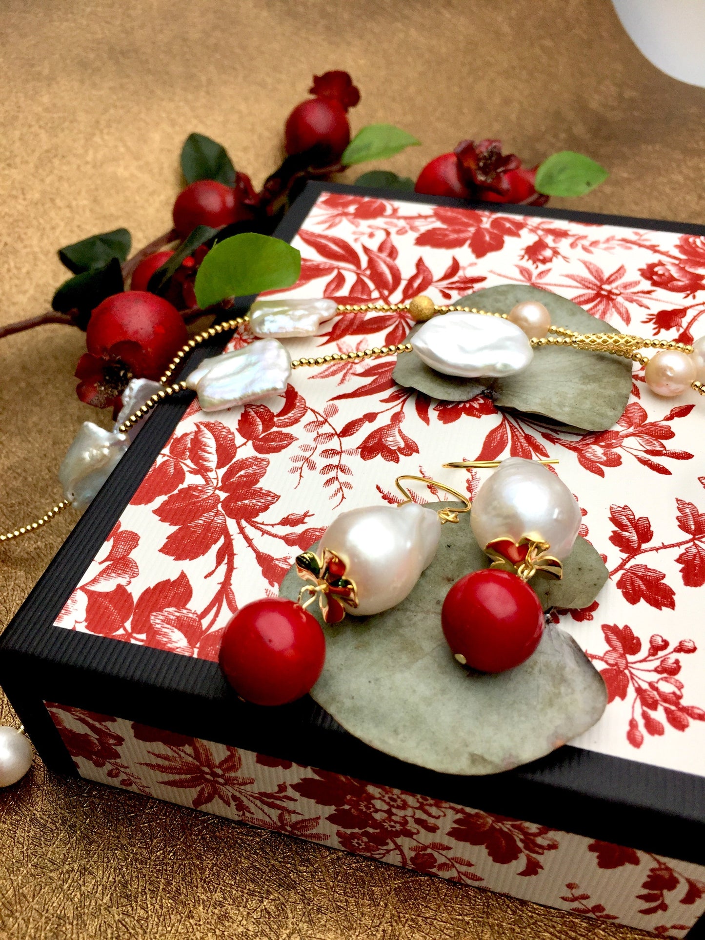 Baroque Pearls With Red Coral Dangle Earrings CE007 - FARRA