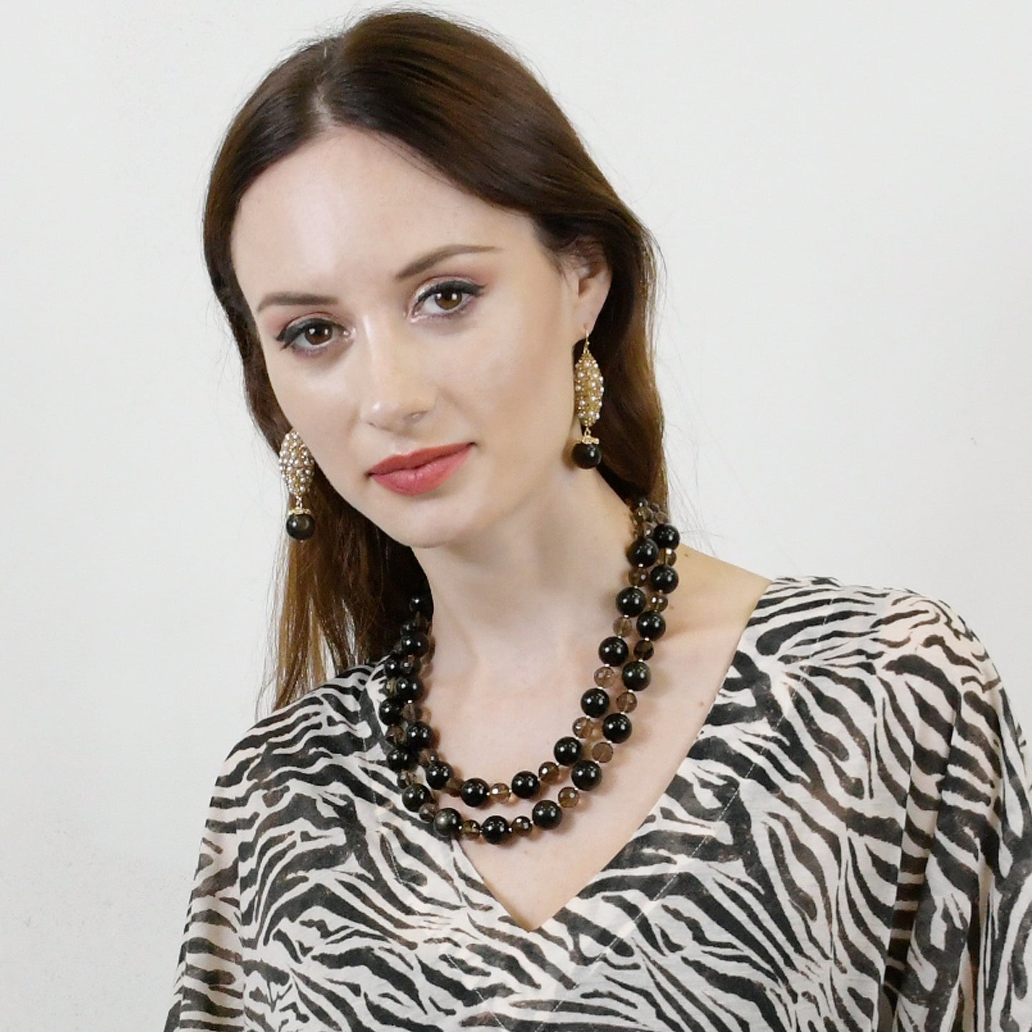 Black Obsidian With Rhinestones Statement Earrings AE016 - FARRA