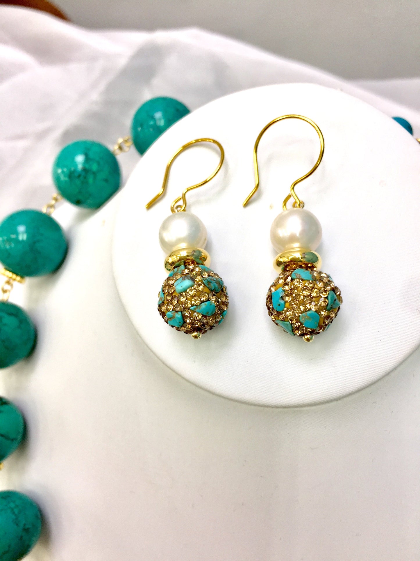 Freshwater Pearl With Rhinestone Turquoise Hook Earrings CE020 - FARRA