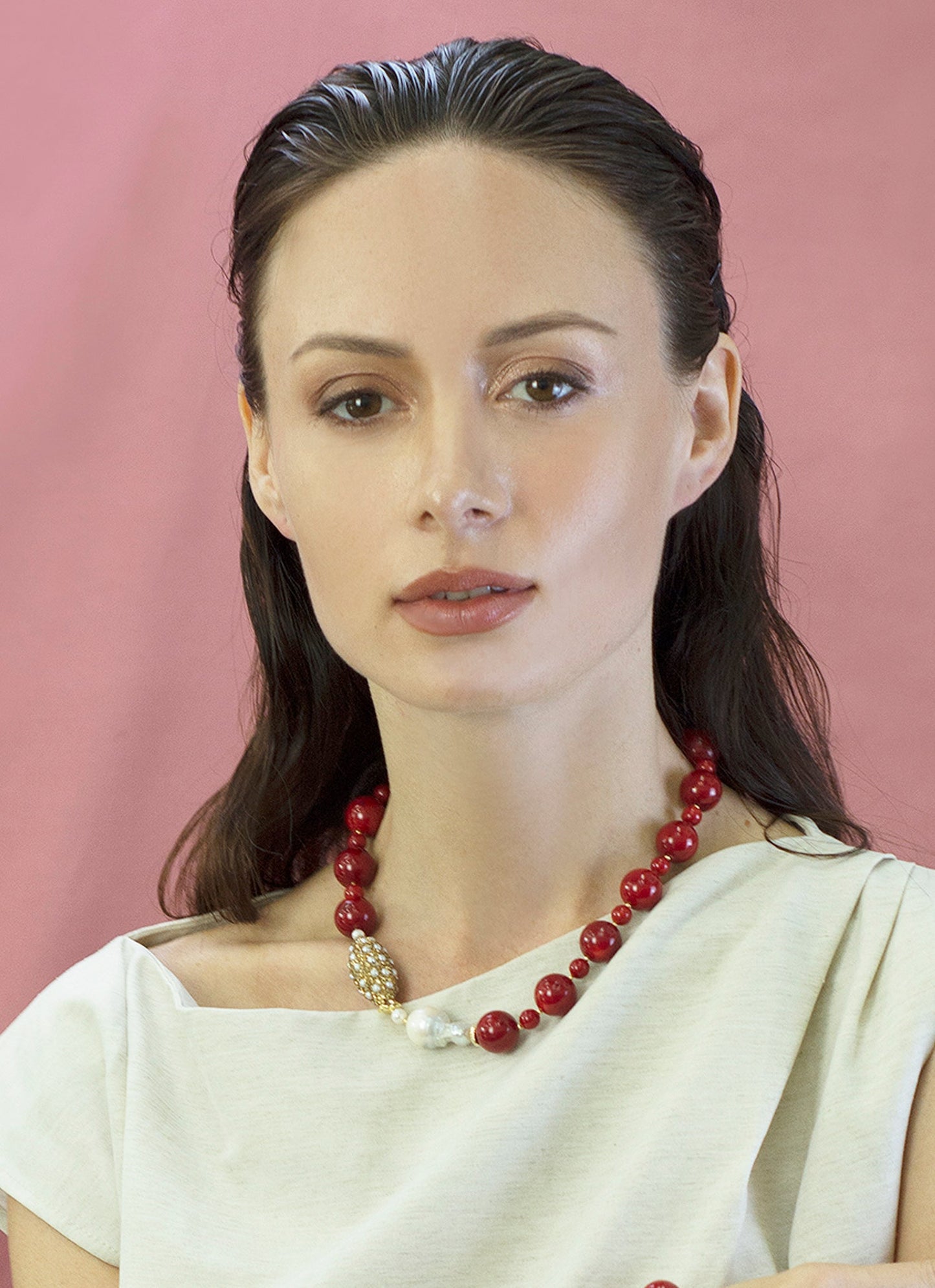 Red Bamboo Corals With Baroque Pearls Statement Necklace CN007 - FARRA