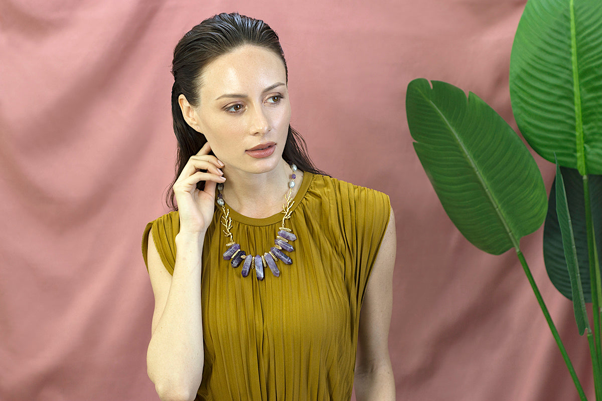 Gray Freshwater Pearls With Amethyst Statement Necklace CN014 - FARRA