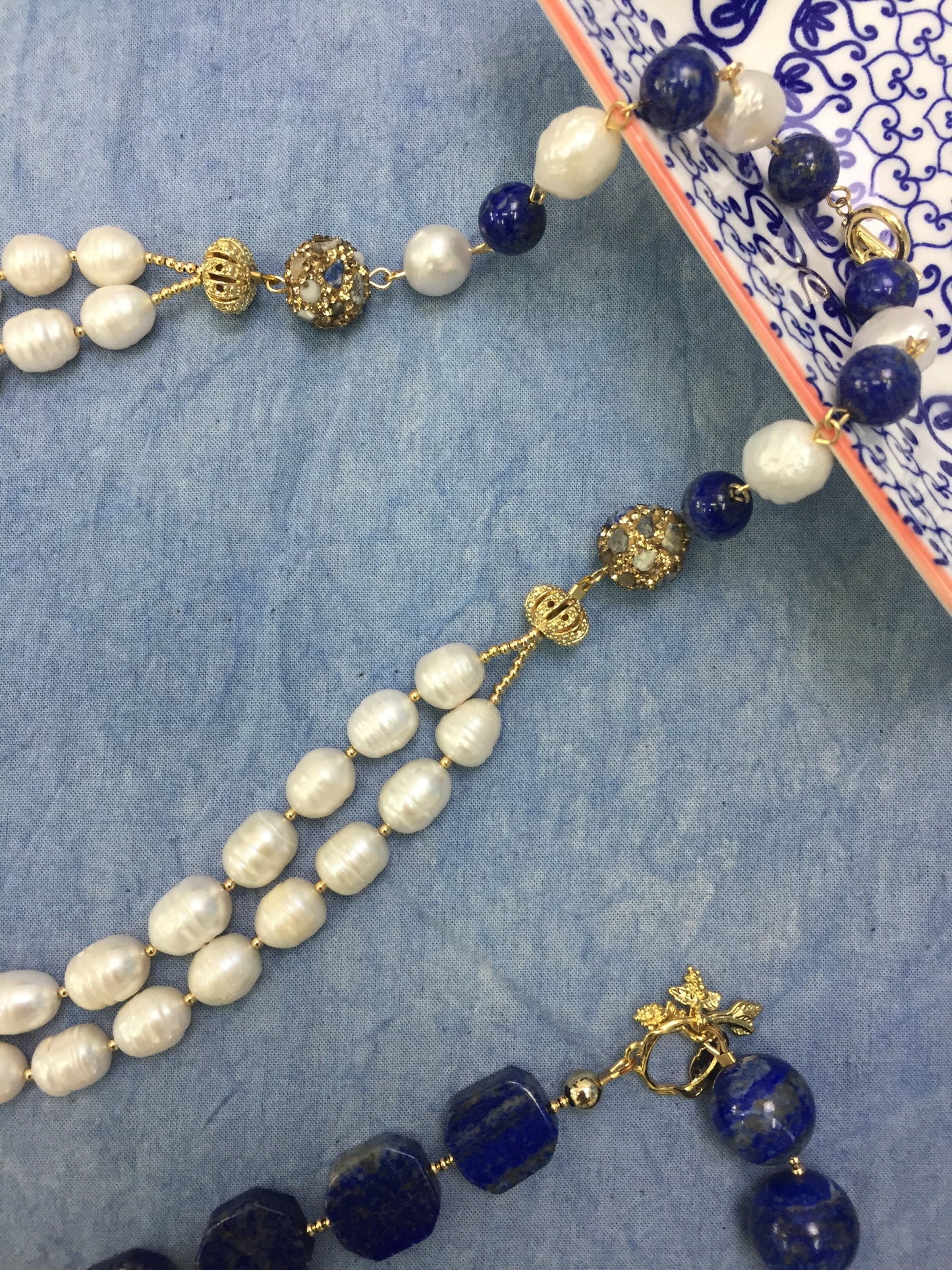 Freshwater Pearls With Lapis Double Strands Necklace CN004 - FARRA