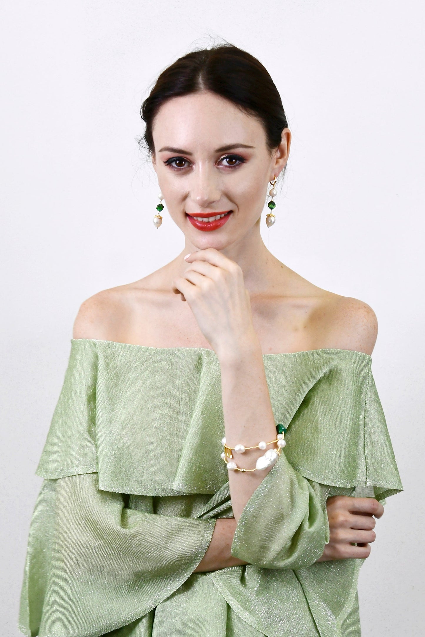 Green Tiger-eye Freshwater Pearls Dangle Clip On Earrings AE031 - FARRA