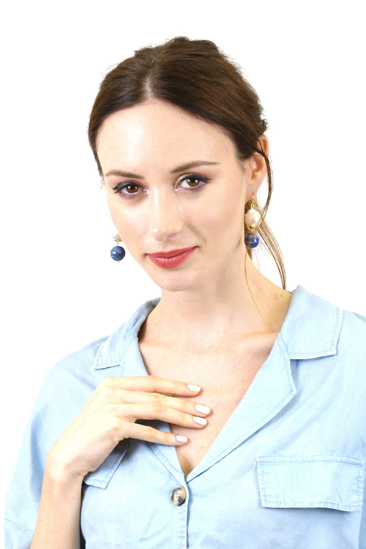 Freshwater Pearl With Lapis Lazuli Hook Earrings AE010 - FARRA