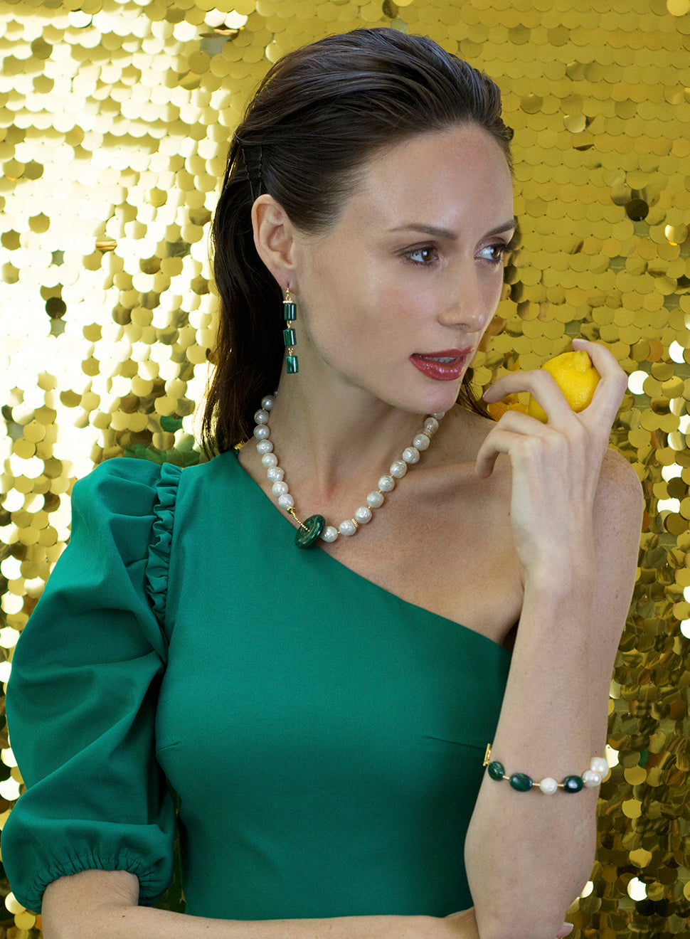 Irregular Pearls With Malachite Pendant Necklace CN040 - FARRA