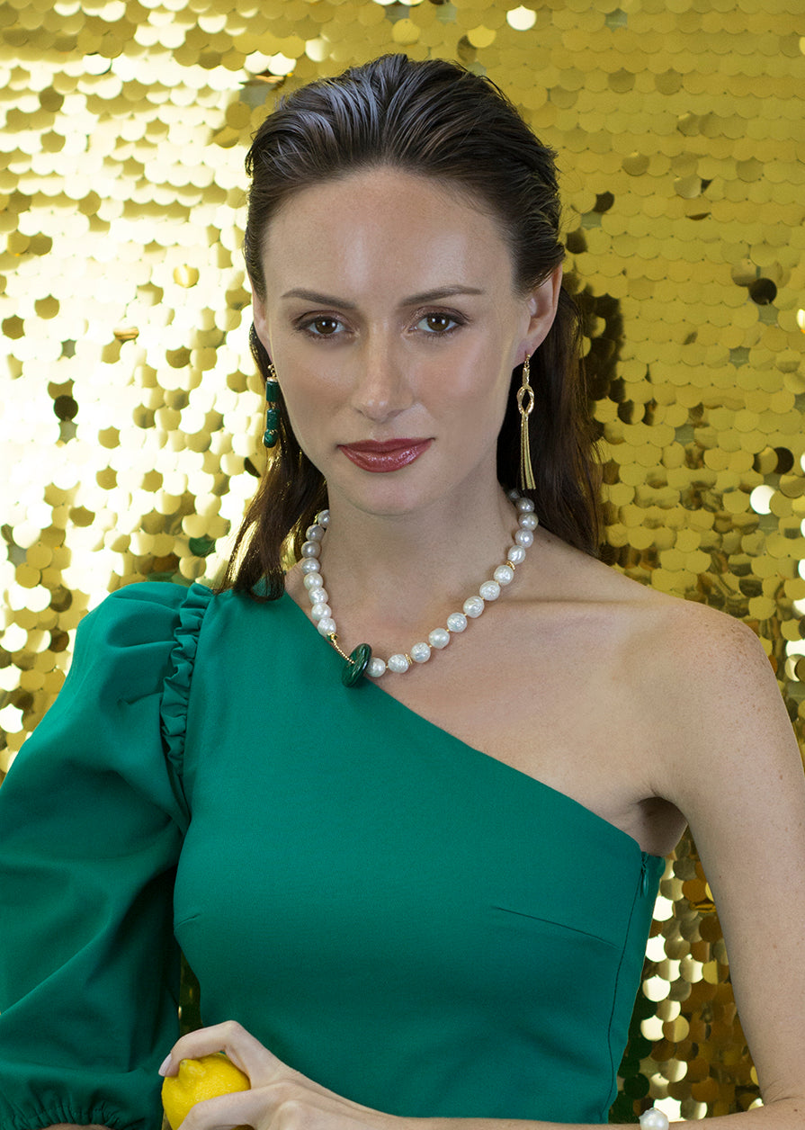 Irregular Pearls With Malachite Pendant Necklace CN040 - FARRA
