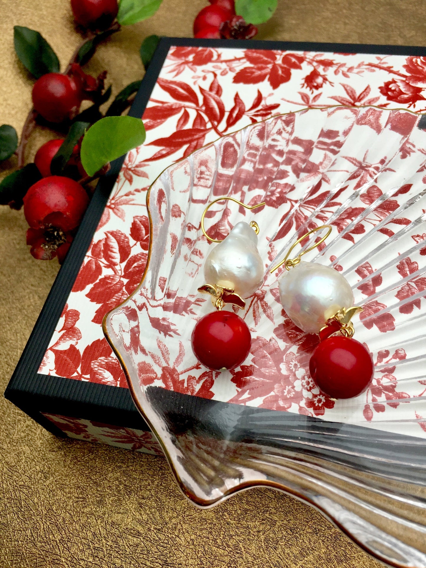 Baroque Pearls With Red Coral Dangle Earrings CE007 - FARRA
