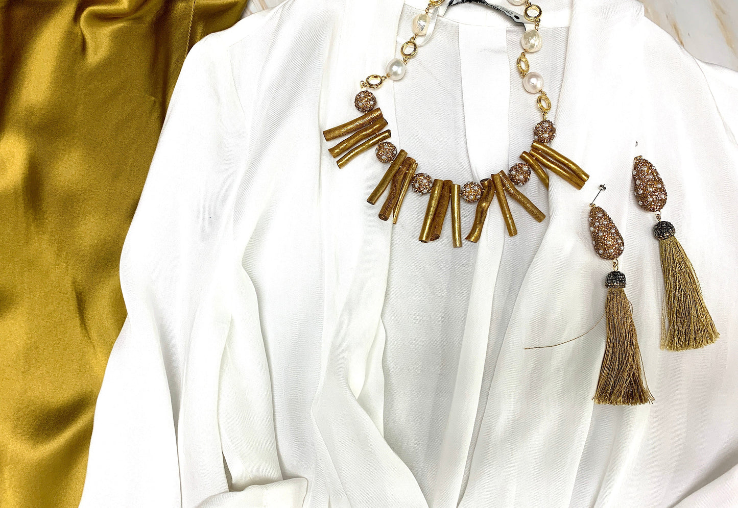 Golden Corals With Pearls Rhinestone Statement Necklace FN001 - FARRA
