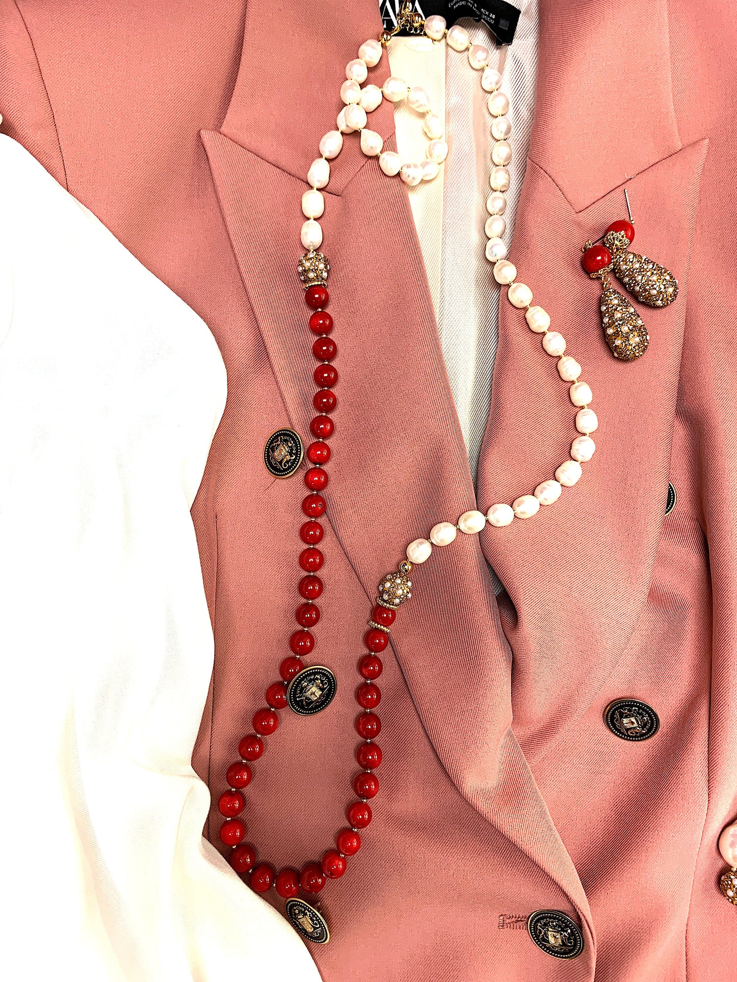 Freshwater Pearls with Red Corals Two Ways Necklace FN008 - FARRA