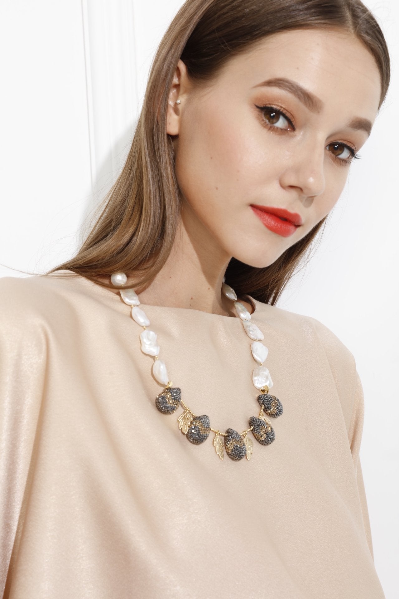 Teardrop Rhinestone with Freshwater Pearls Statement Necklace MN011 - FARRA