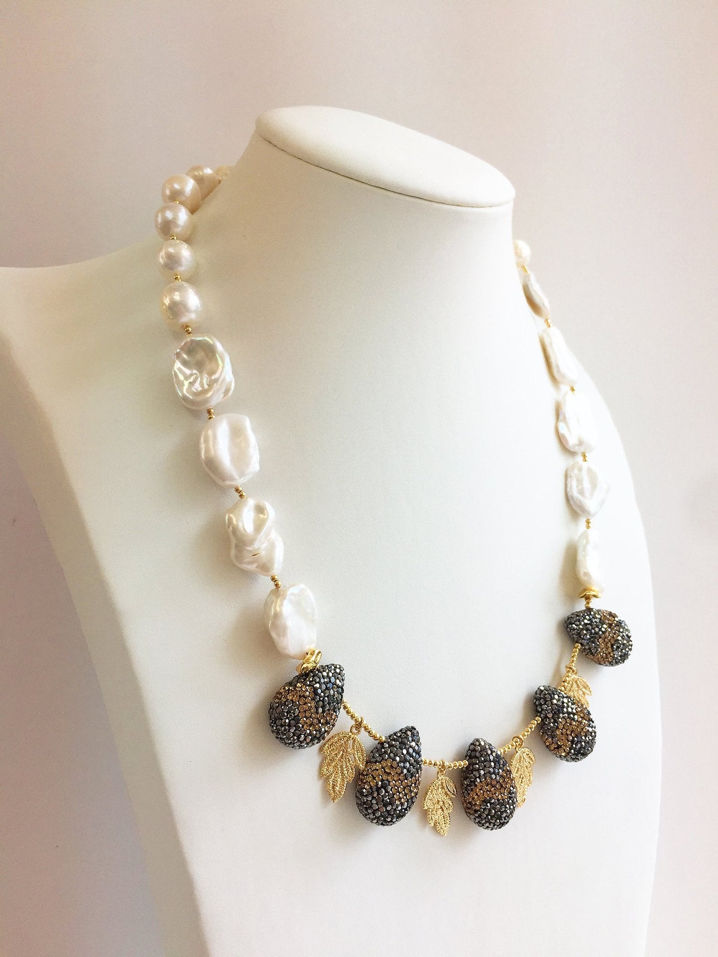 Teardrop Rhinestone with Freshwater Pearls Statement Necklace MN011 - FARRA