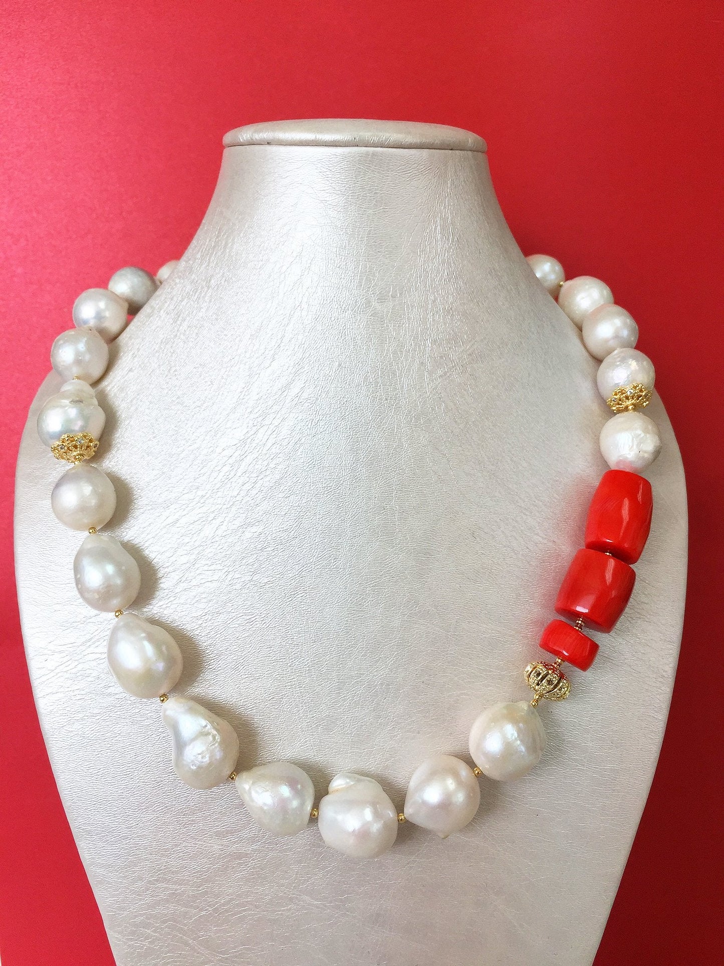 Baroque Freshwater Pearls With Coral Necklace MN031 - FARRA