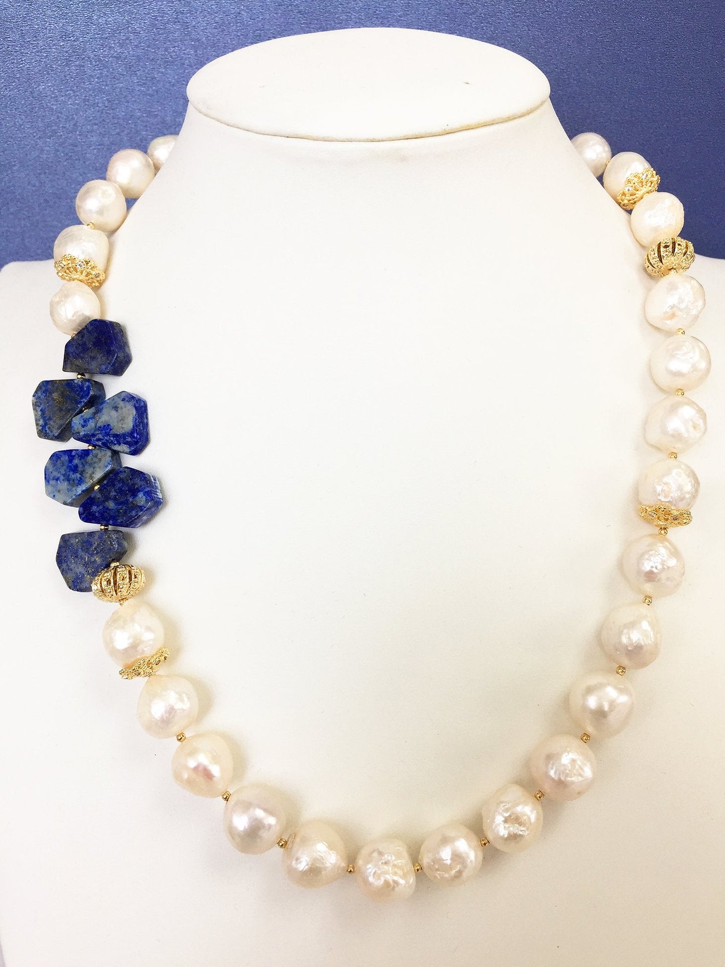 Freshwater Pearl With Lapis Flower Statement Necklace MN040 - FARRA