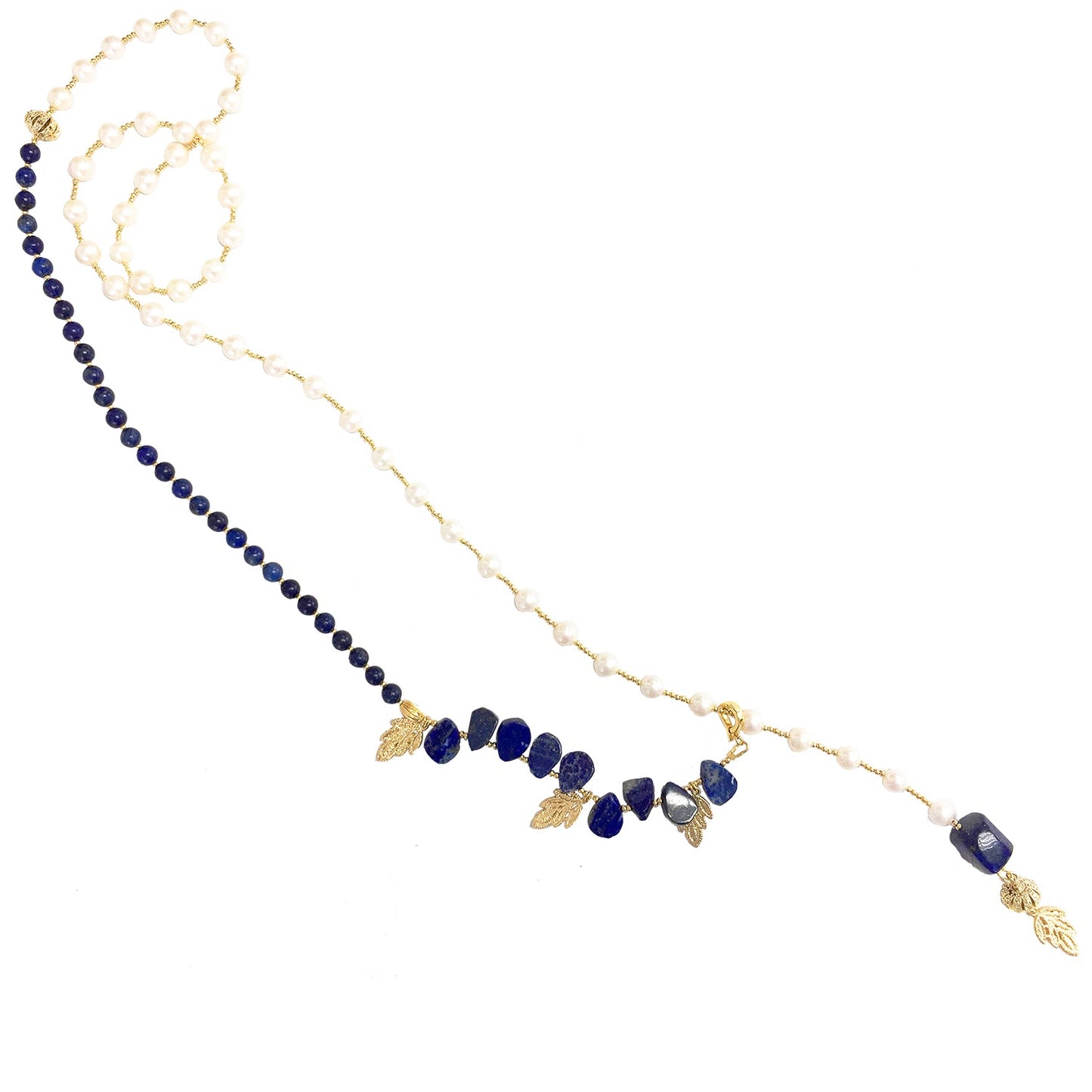Freshwater Pearls With Lapis Y-Shaped Necklace MN037 - FARRA