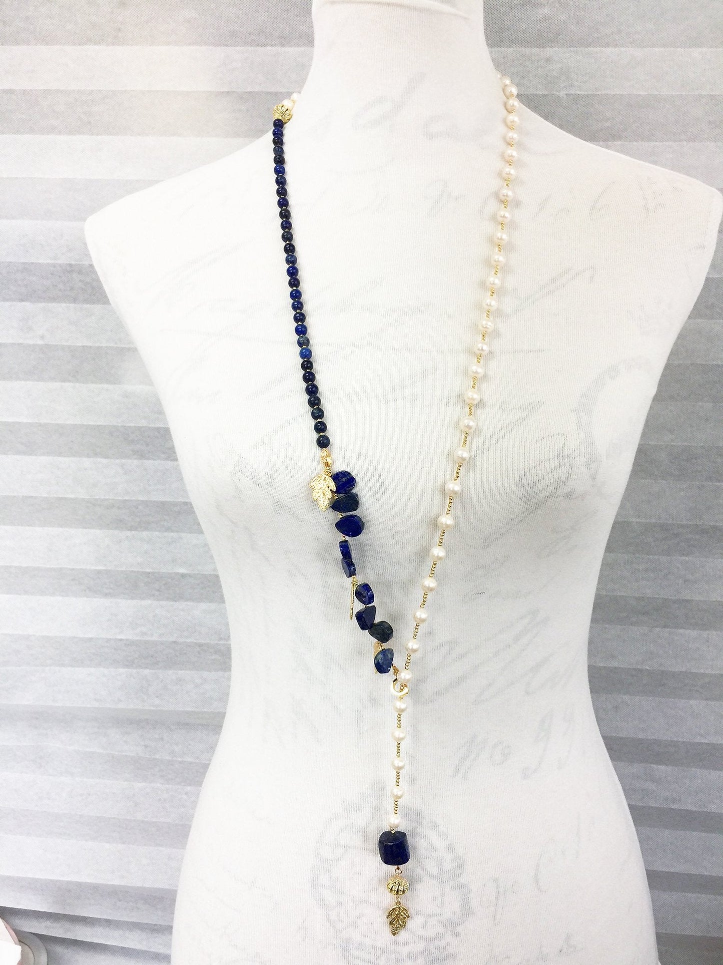 Freshwater Pearls With Lapis Y-Shaped Necklace MN037 - FARRA
