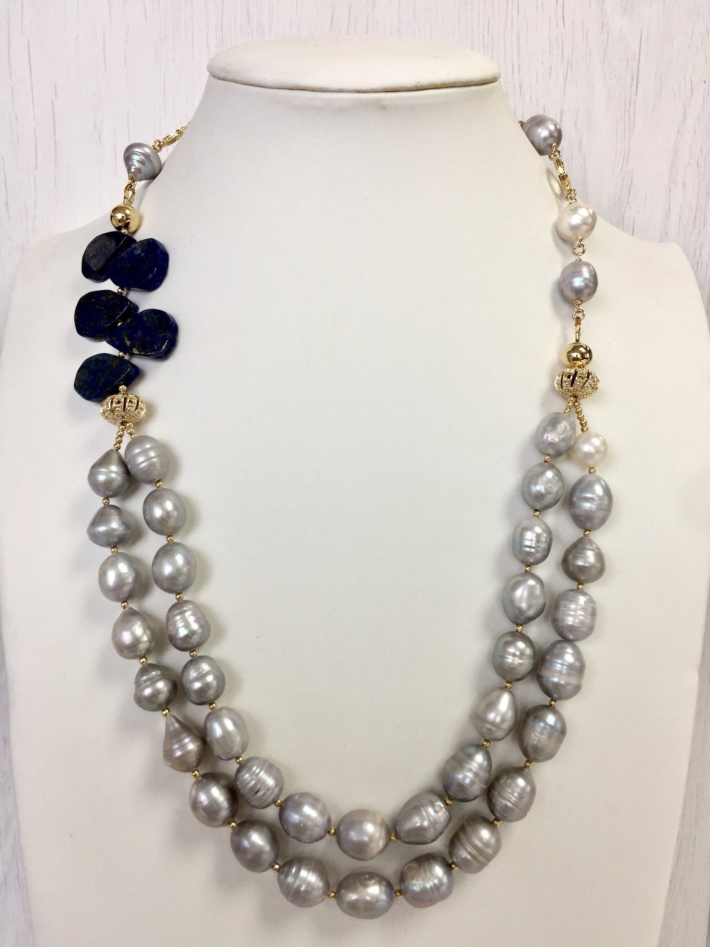 Freshwater pearls with Lapis Double Necklace MN041 - FARRA