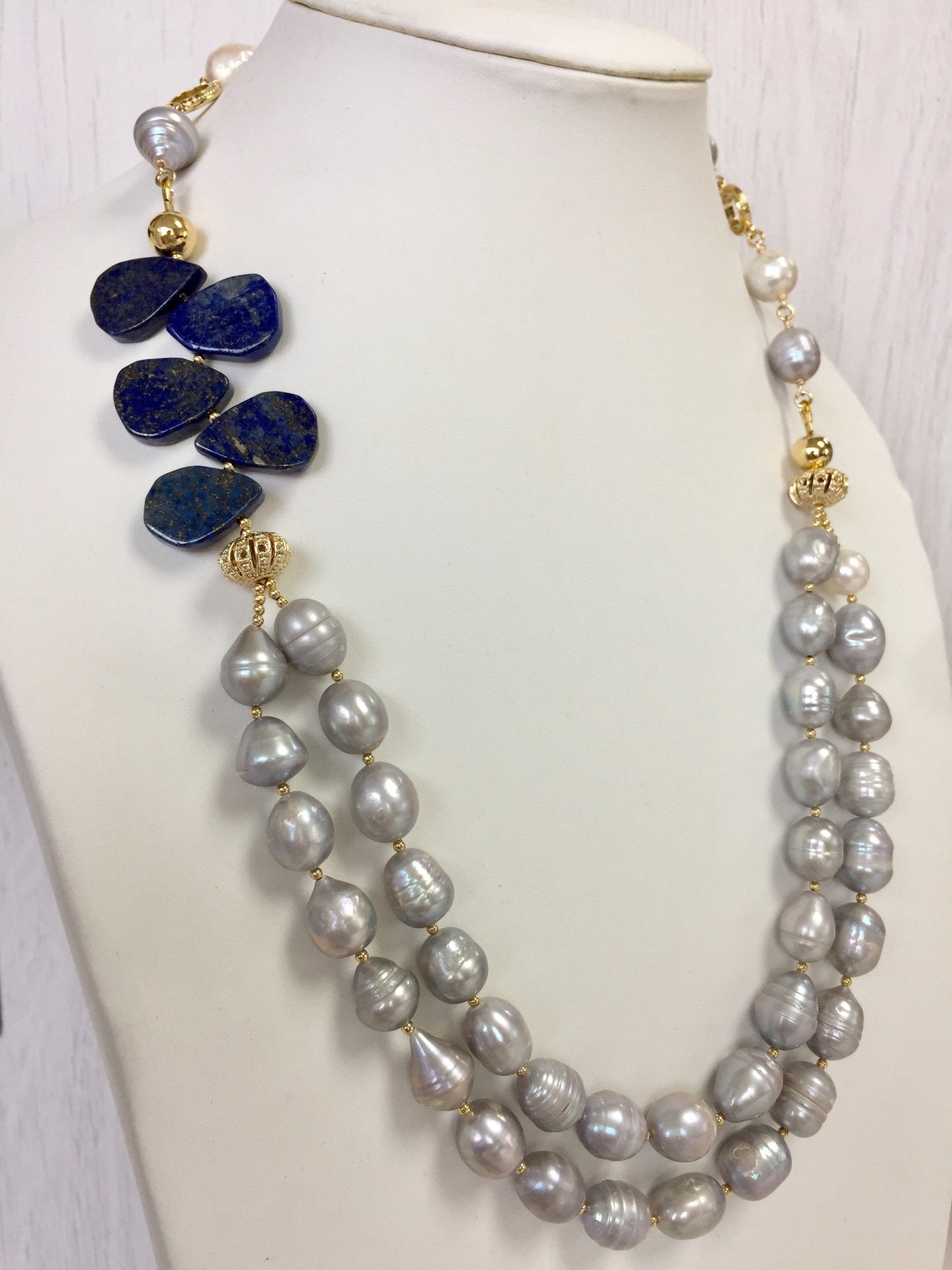 Freshwater pearls with Lapis Double Necklace MN041 - FARRA