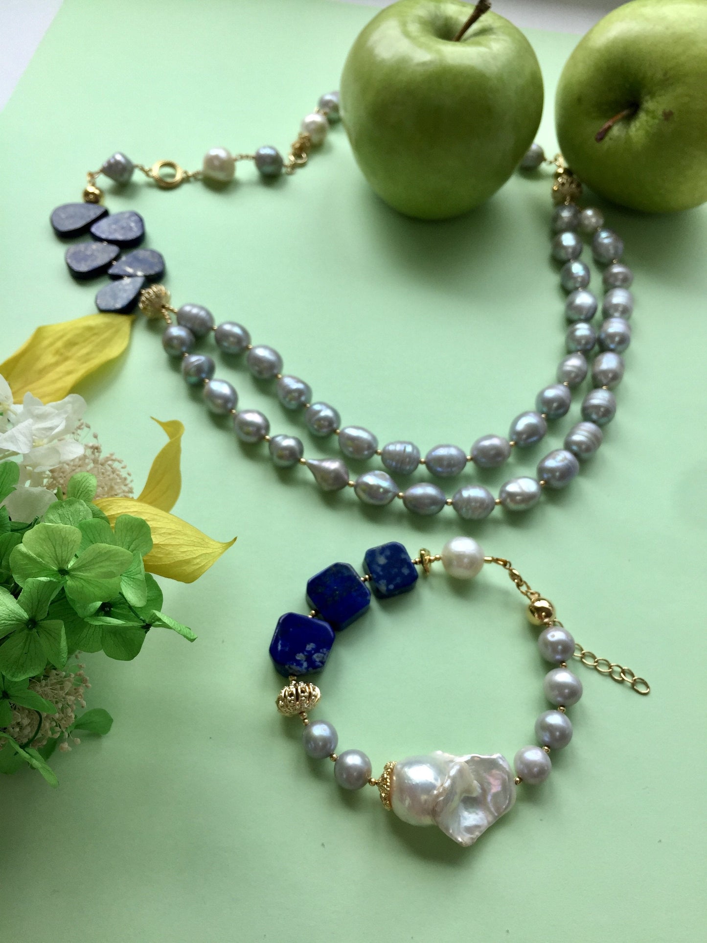 Freshwater Pearls With Square Lapis Bracelet MB043 - FARRA