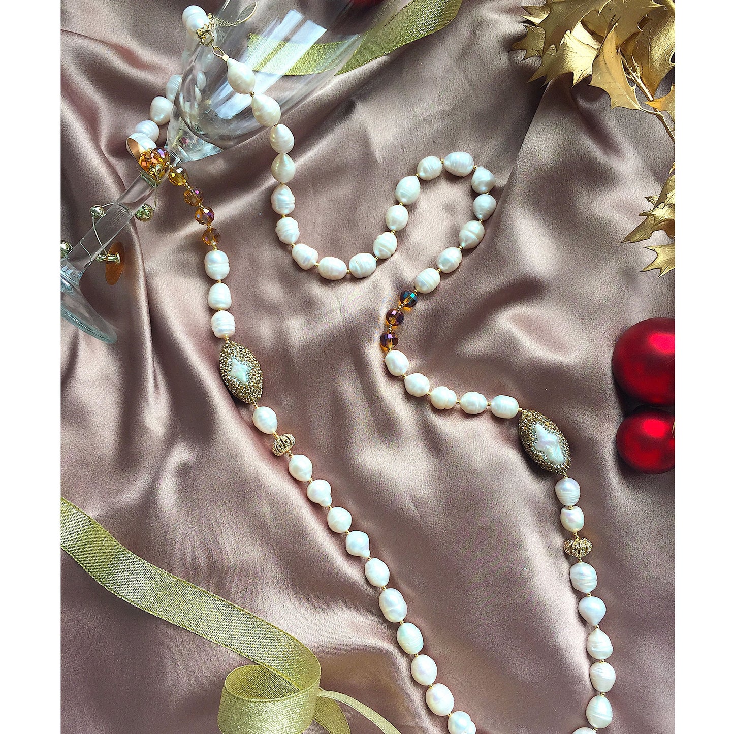 Freshwater Pearl With Golden Rhinestones And Crystal Long Necklace PGN033