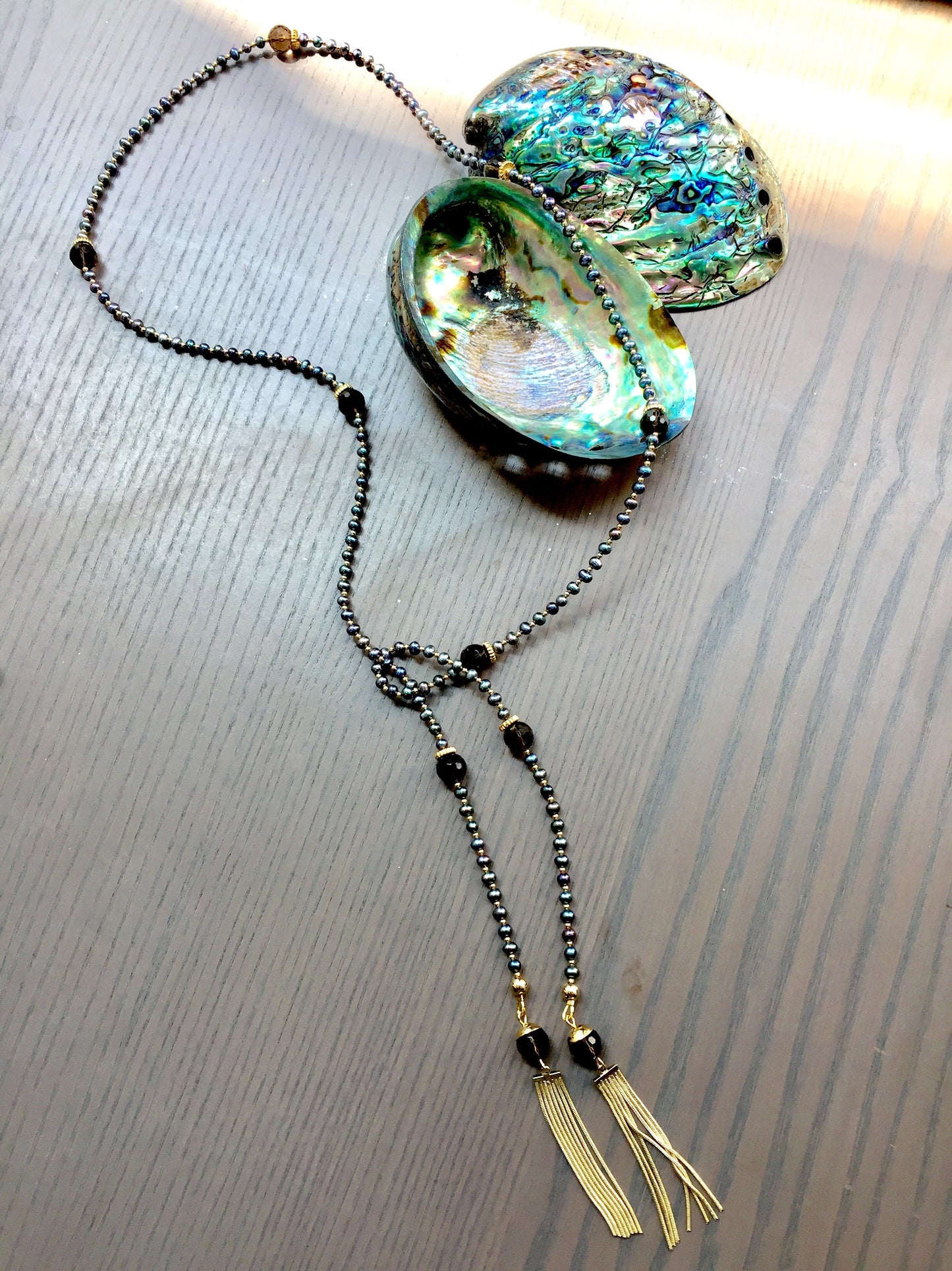 Freshwater pearls with smoky quartz Open Ended Long Necklace CN046 - FARRA