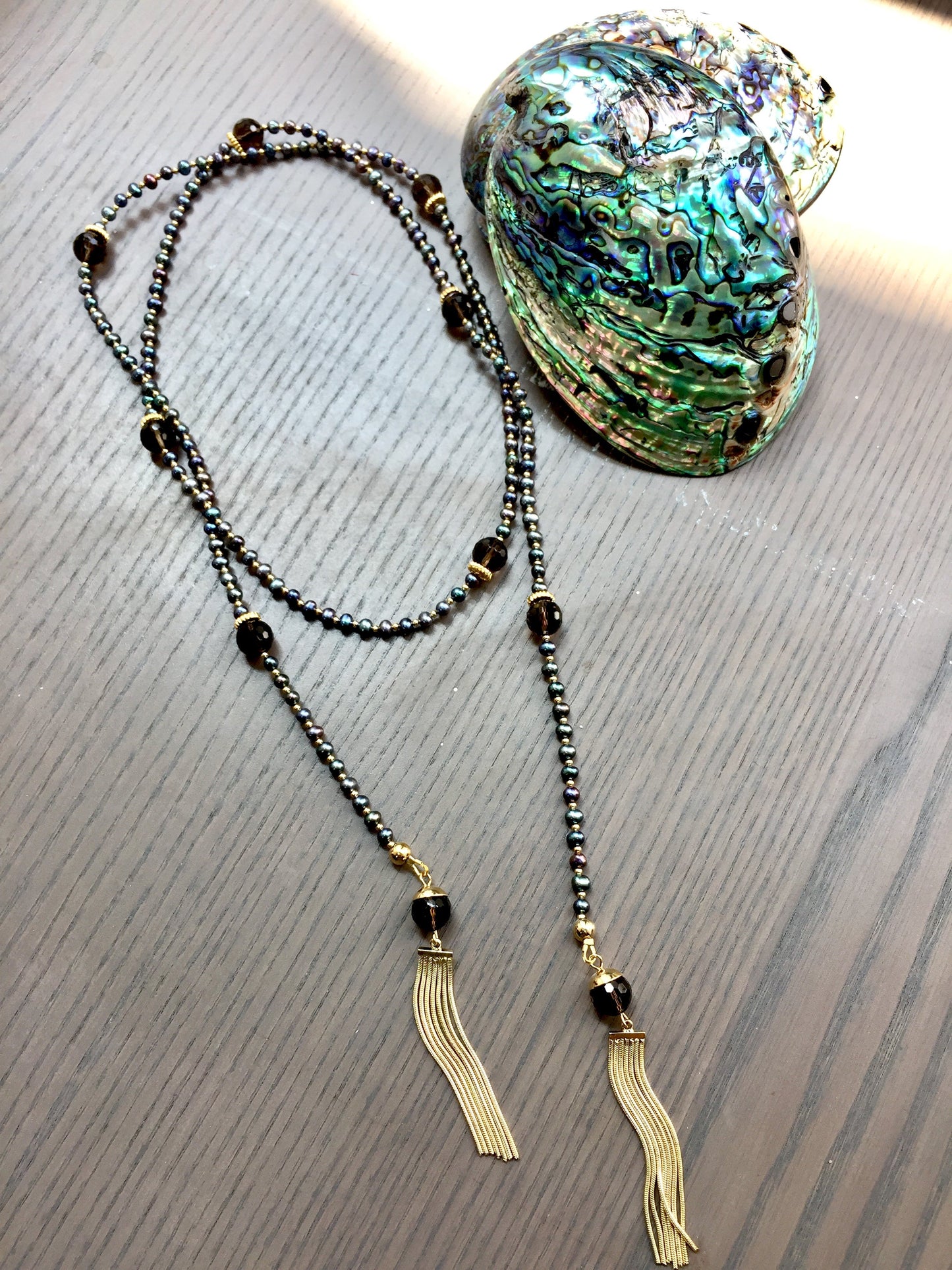 Freshwater pearls with smoky quartz Open Ended Long Necklace CN046 - FARRA