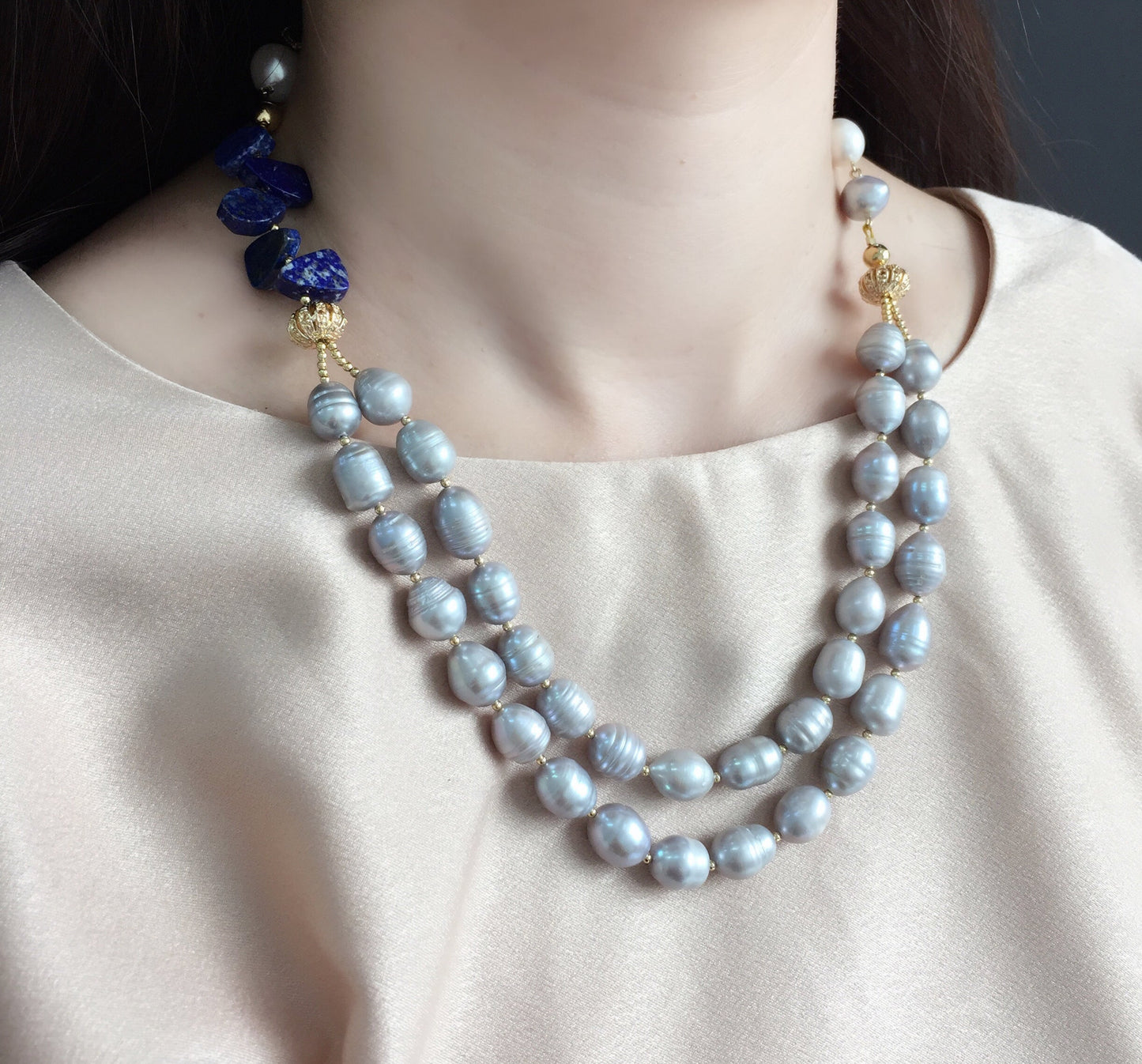 Freshwater pearls with Lapis Double Necklace MN041 - FARRA