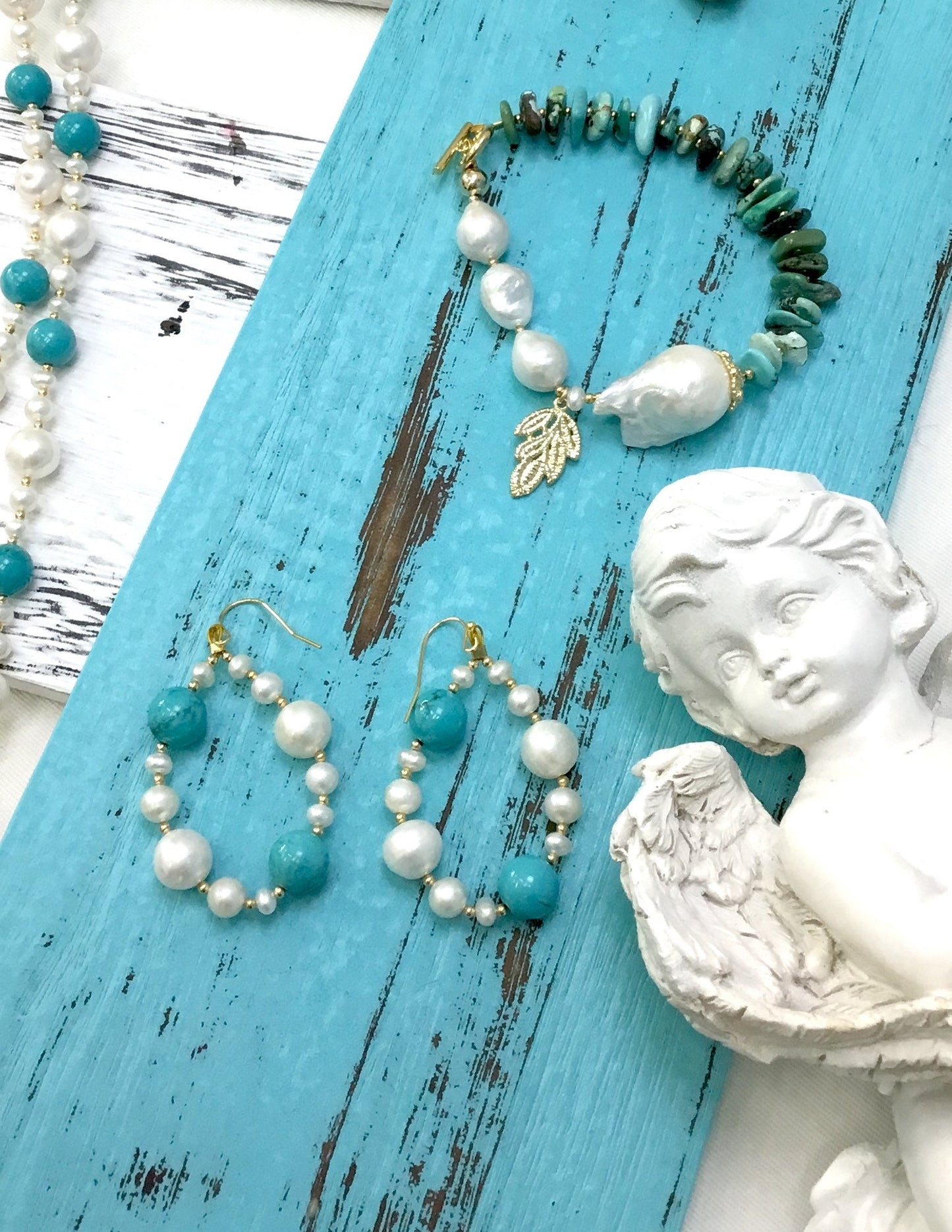 Freshwater Pearls with Turquoise Drop Earrings DE212 - FARRA