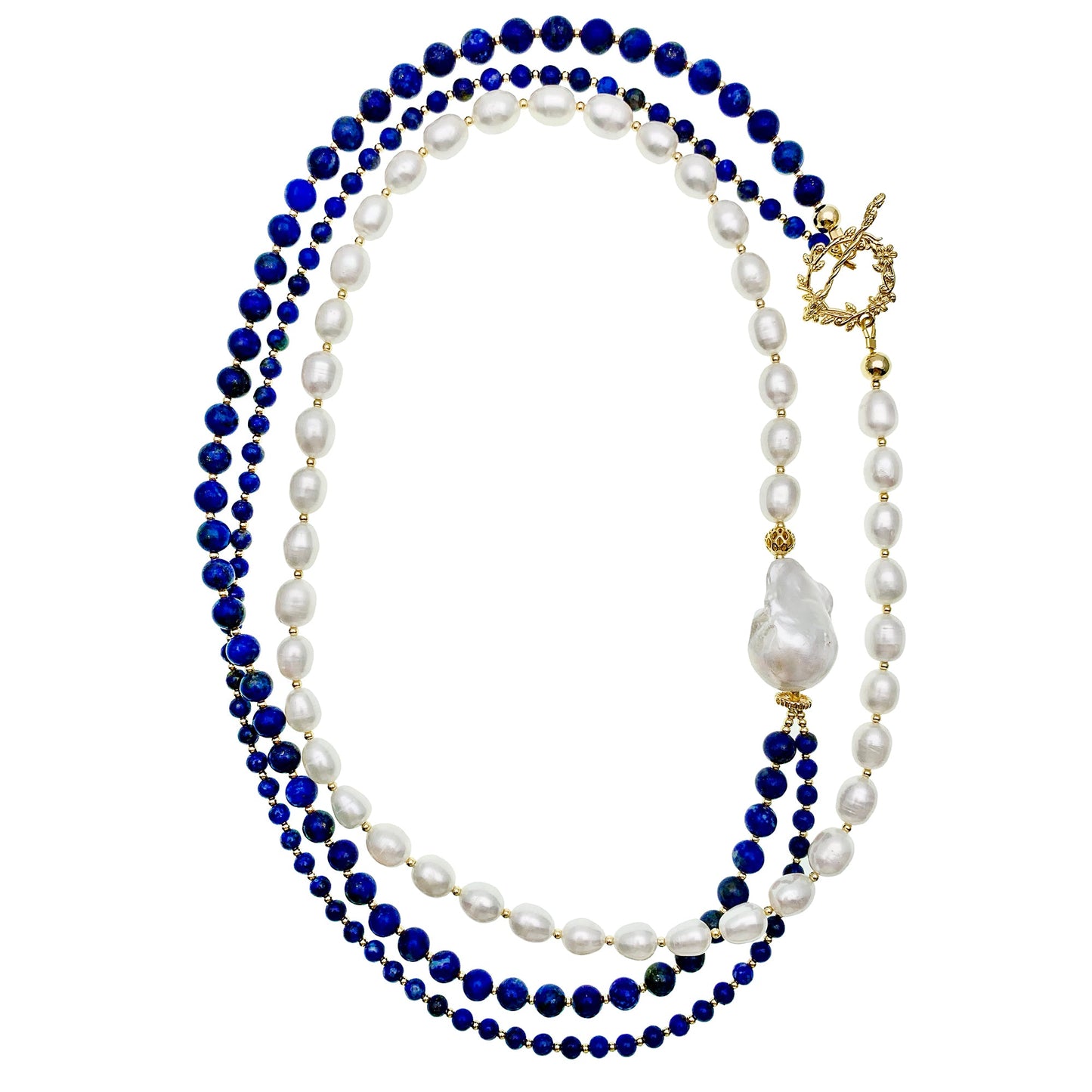 Round Lapis With Freshwater Pearls Multi-ways Long Necklace EN017 - FARRA