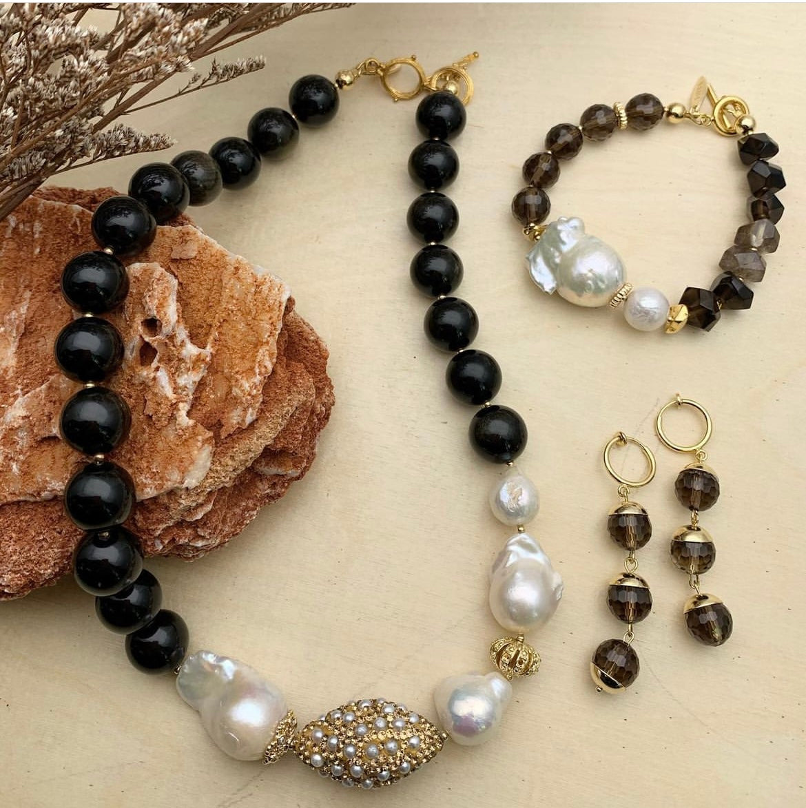 Black Obsidian With Baroque Pearl Gorgeous Necklace CN047 - FARRA