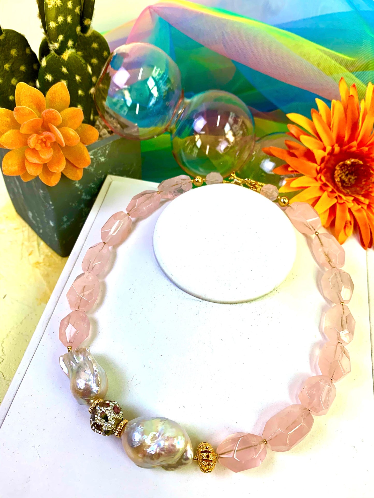 Rose Quartz with Baroque Pearls Statement Necklace EN021 - FARRA