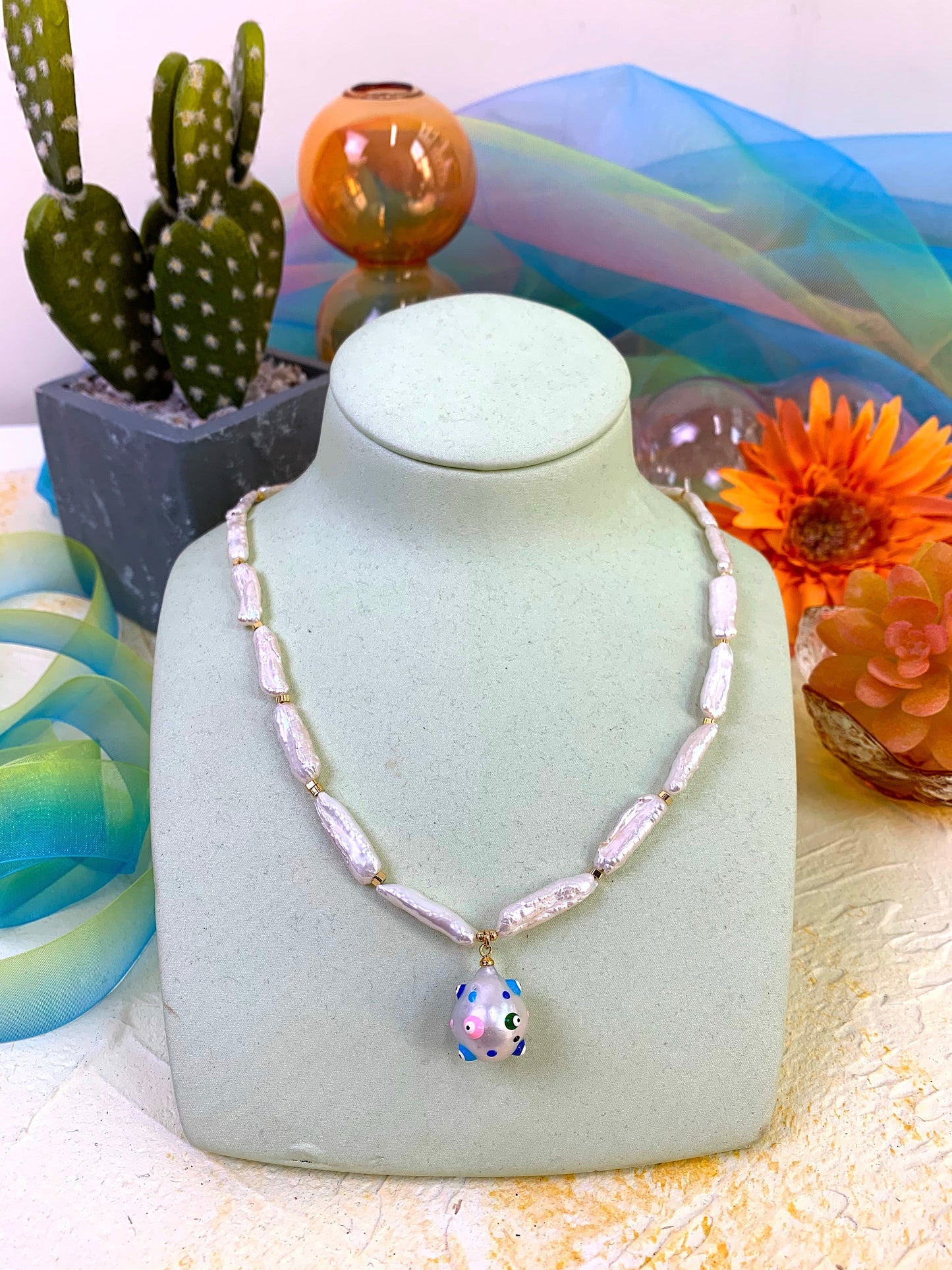 Freshwater Pearl With Evil Eye Pendant Necklace EN024 - FARRA
