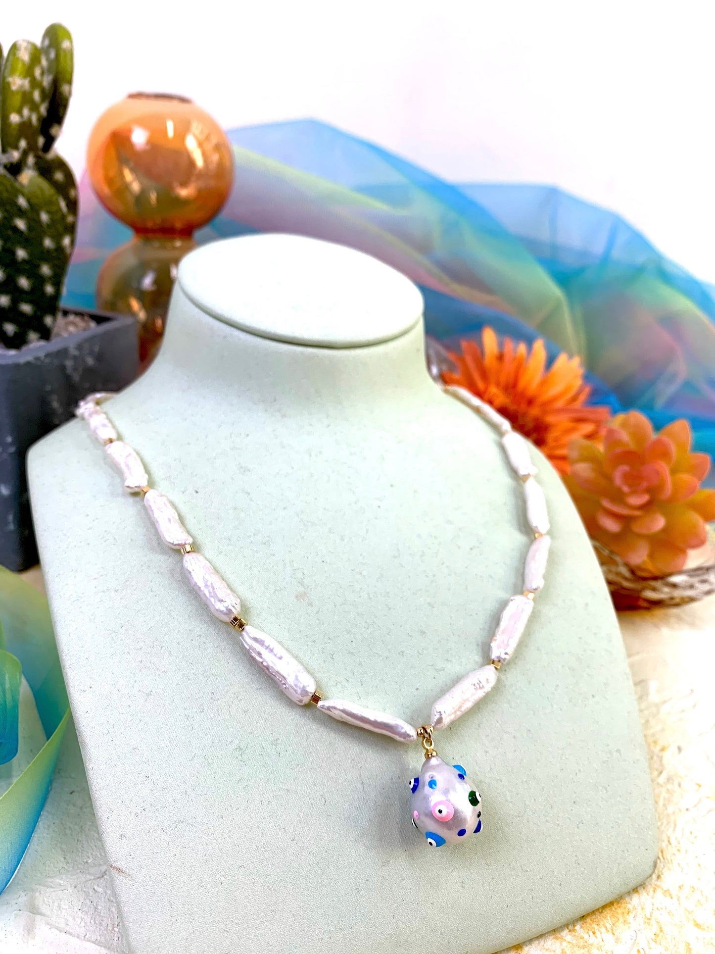 Freshwater Pearl With Evil Eye Pendant Necklace EN024 - FARRA