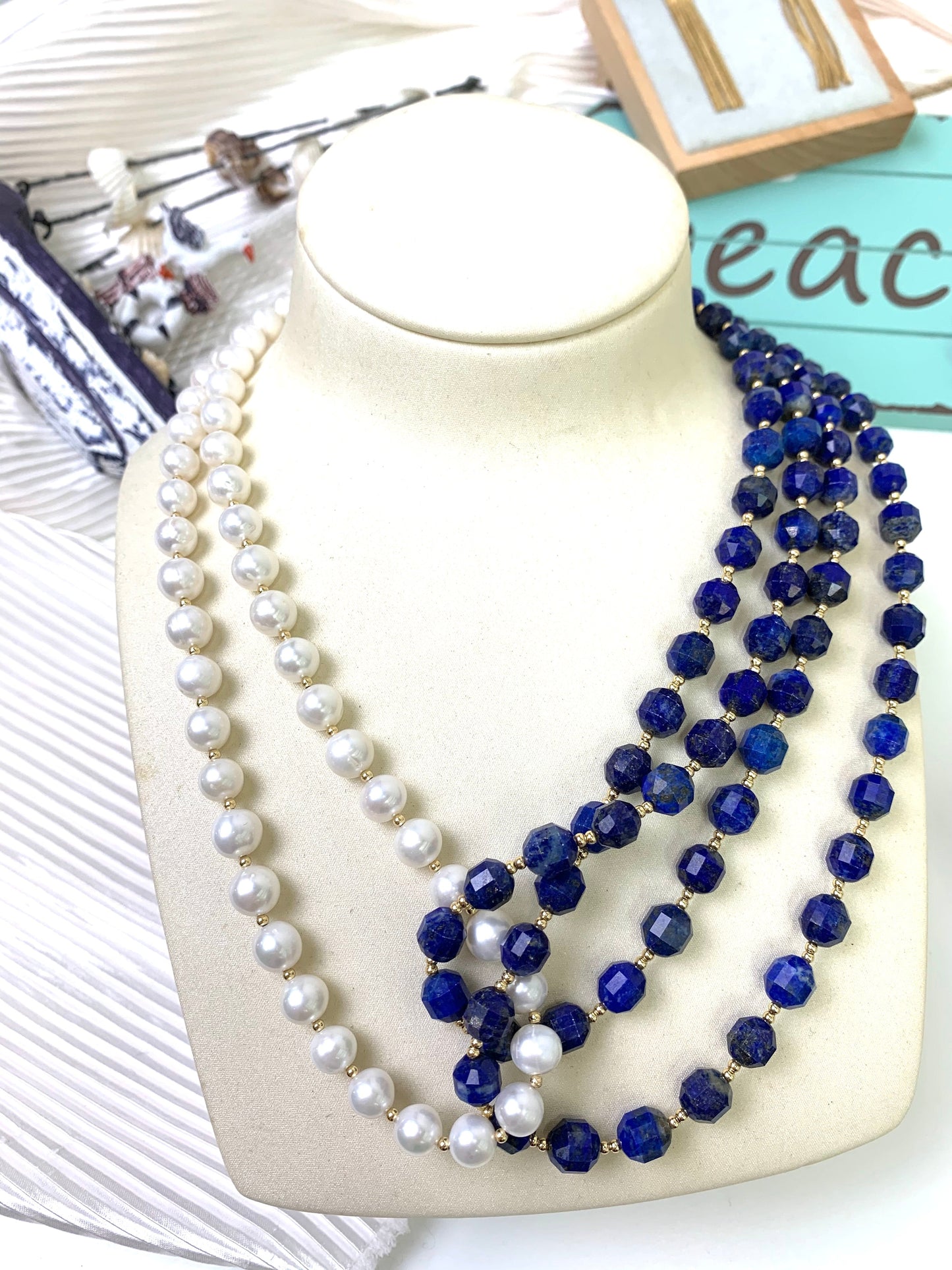 Lapis With Freshwater Pearls Multi Layers Necklace EN014 - FARRA