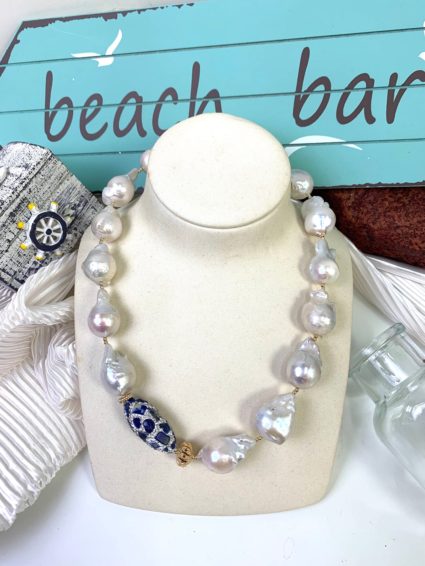 Baroque Pearls With Rhinestones Bordered Lapis Necklace EN019 - FARRA