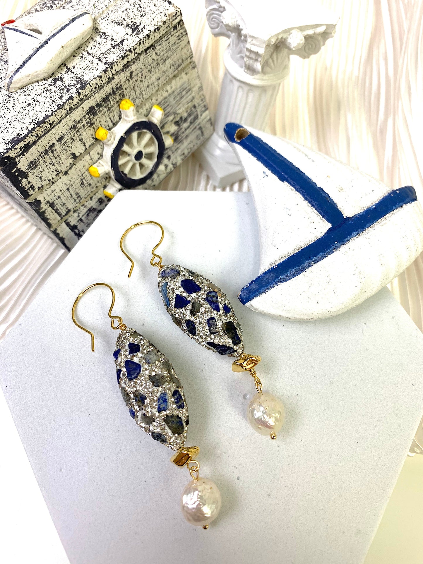 Lapis Rhinestone With Freshwater Pearls Dangle Earrings EE017 - FARRA