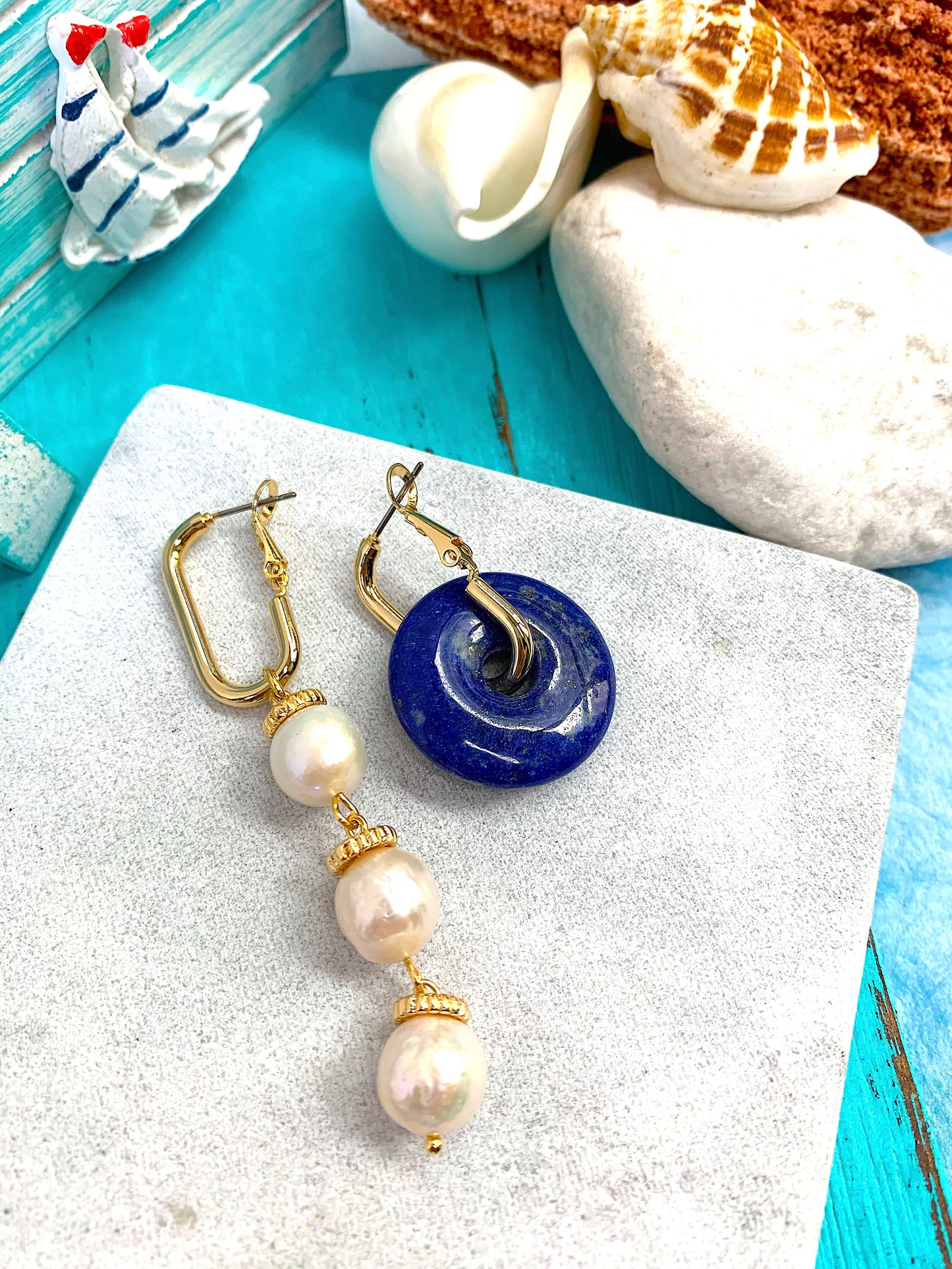 Lapis & Freshwater Pearls Asymmetric Clip On Earrings EE019 - FARRA