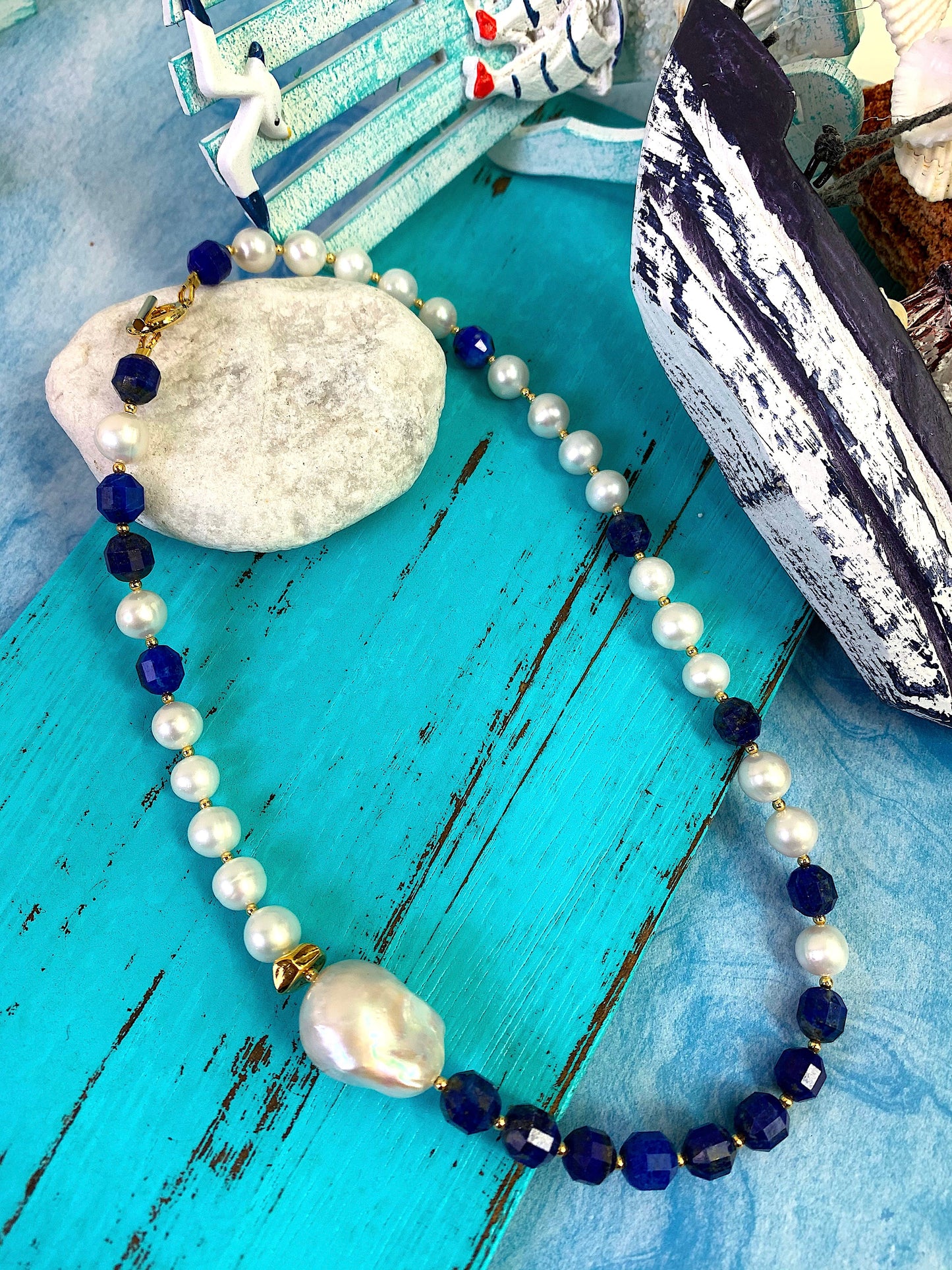 Freshwater Pearls & Lapis Lazuli Choker Necklace EN018 - FARRA