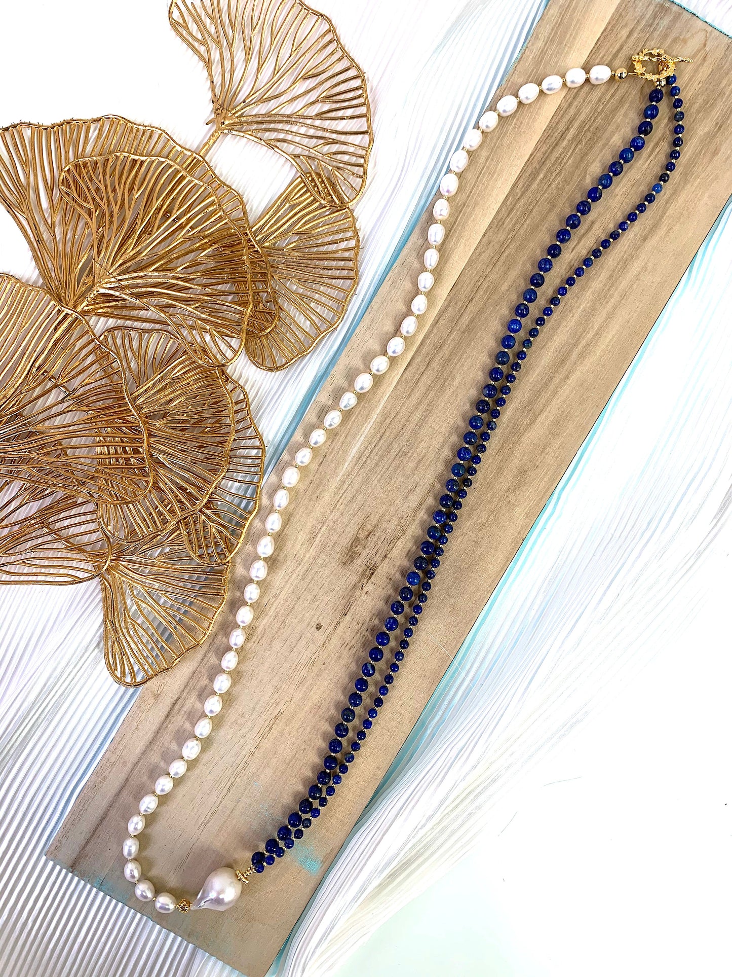Round Lapis With Freshwater Pearls Multi-ways Long Necklace EN017 - FARRA