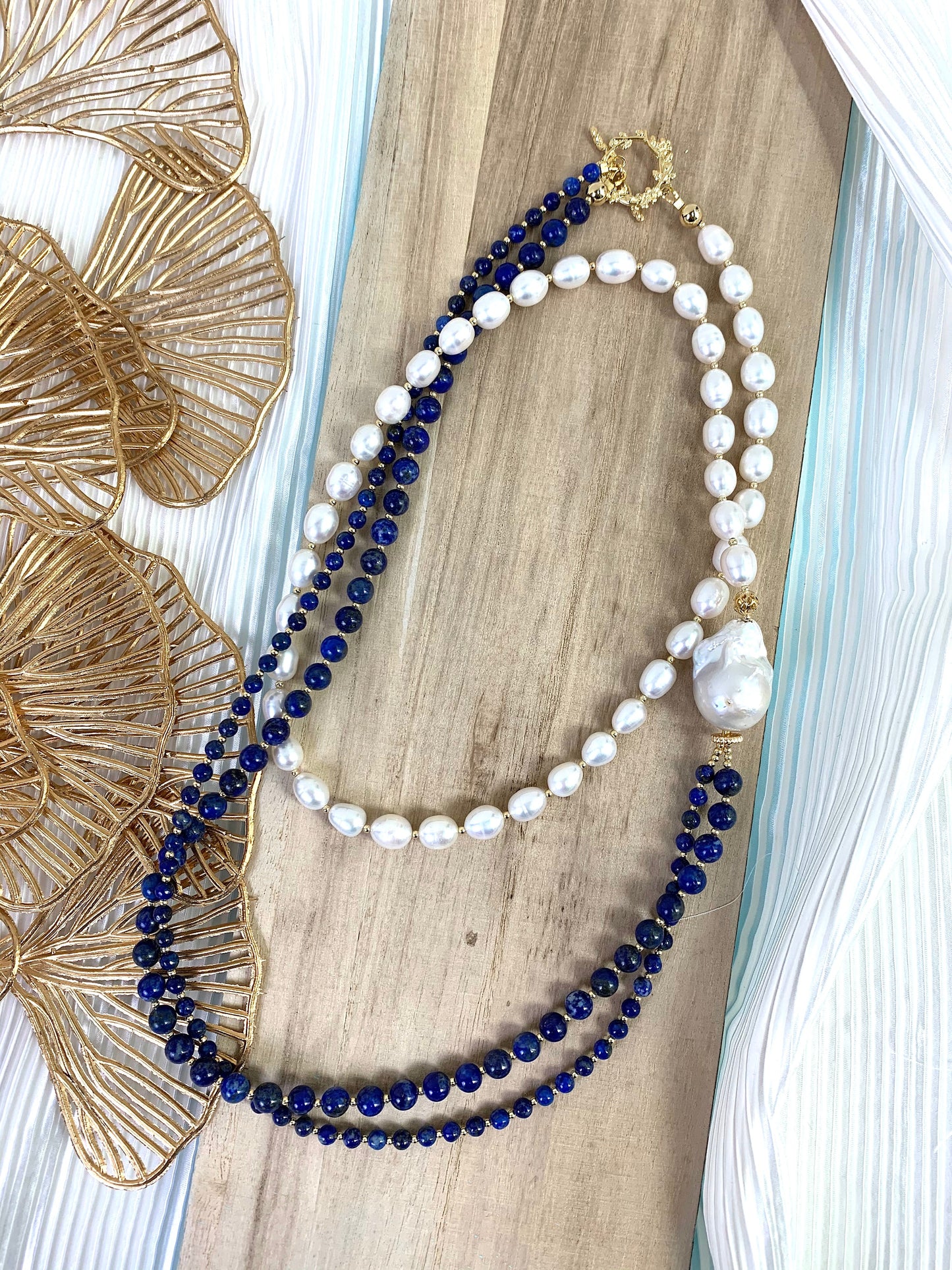 Round Lapis With Freshwater Pearls Multi-ways Long Necklace EN017 - FARRA